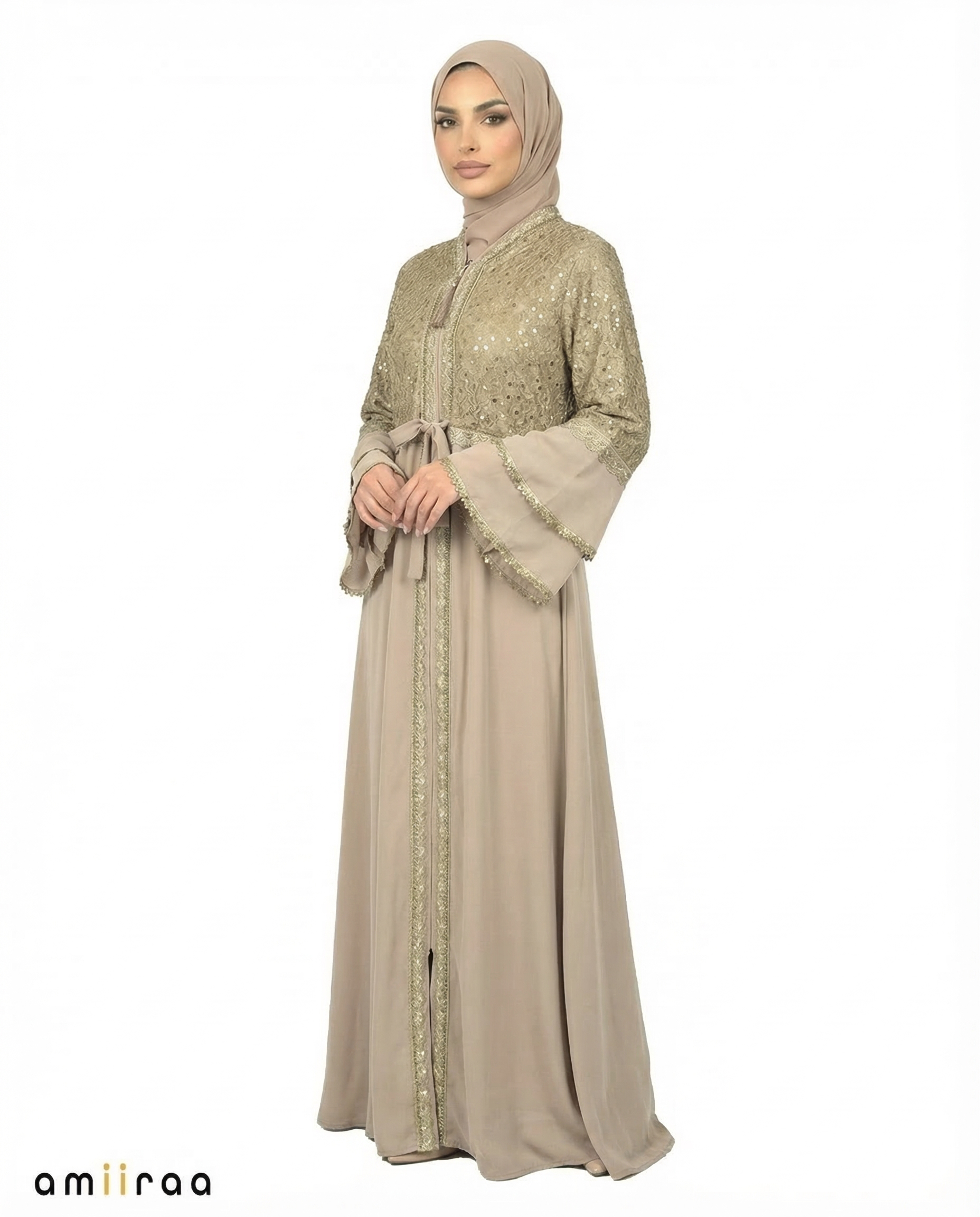 Fallen Rock Elegant Embellished Lace Bodice Full Length Abaya