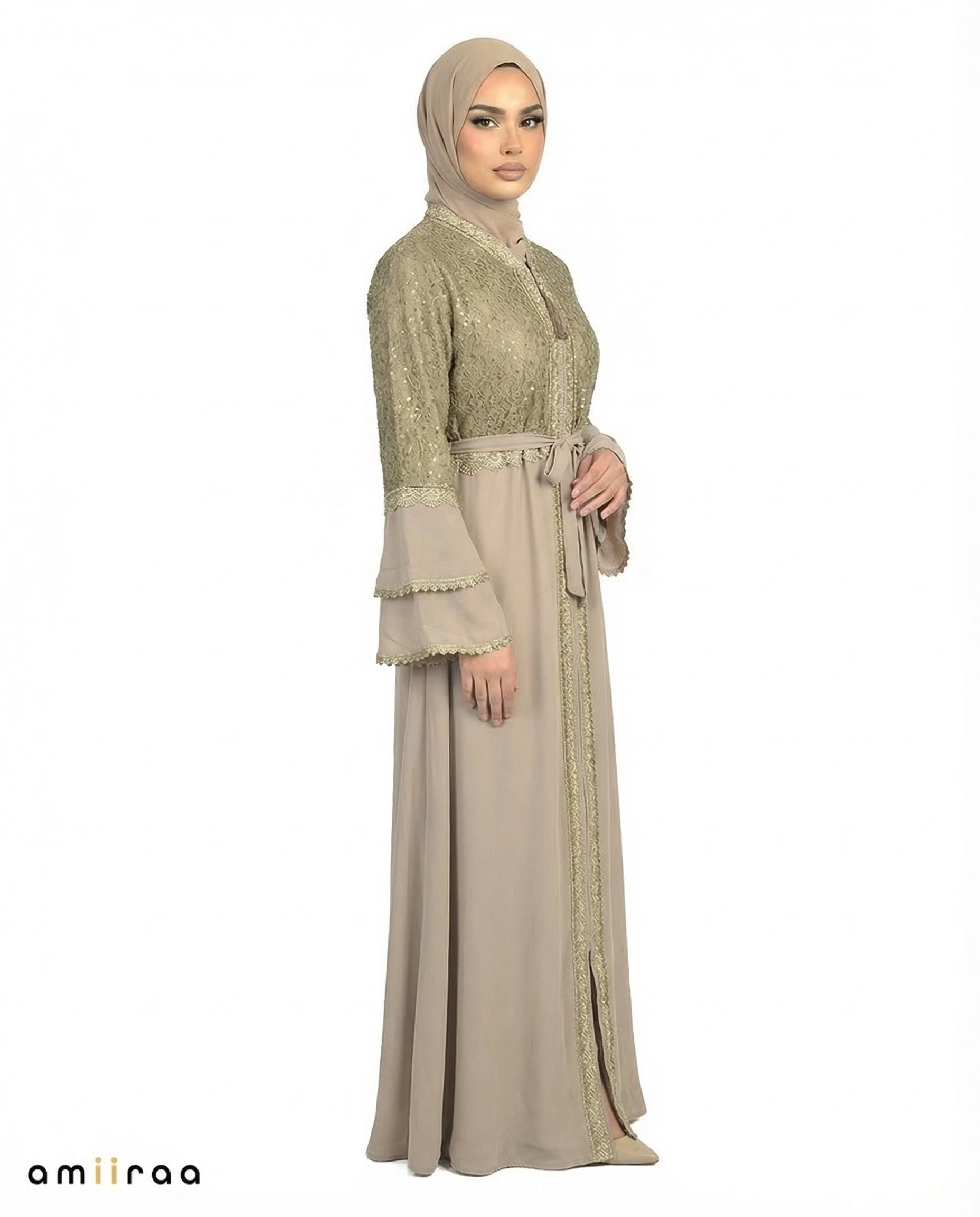 Fallen Rock Elegant Embellished Lace Bodice Full Length Abaya