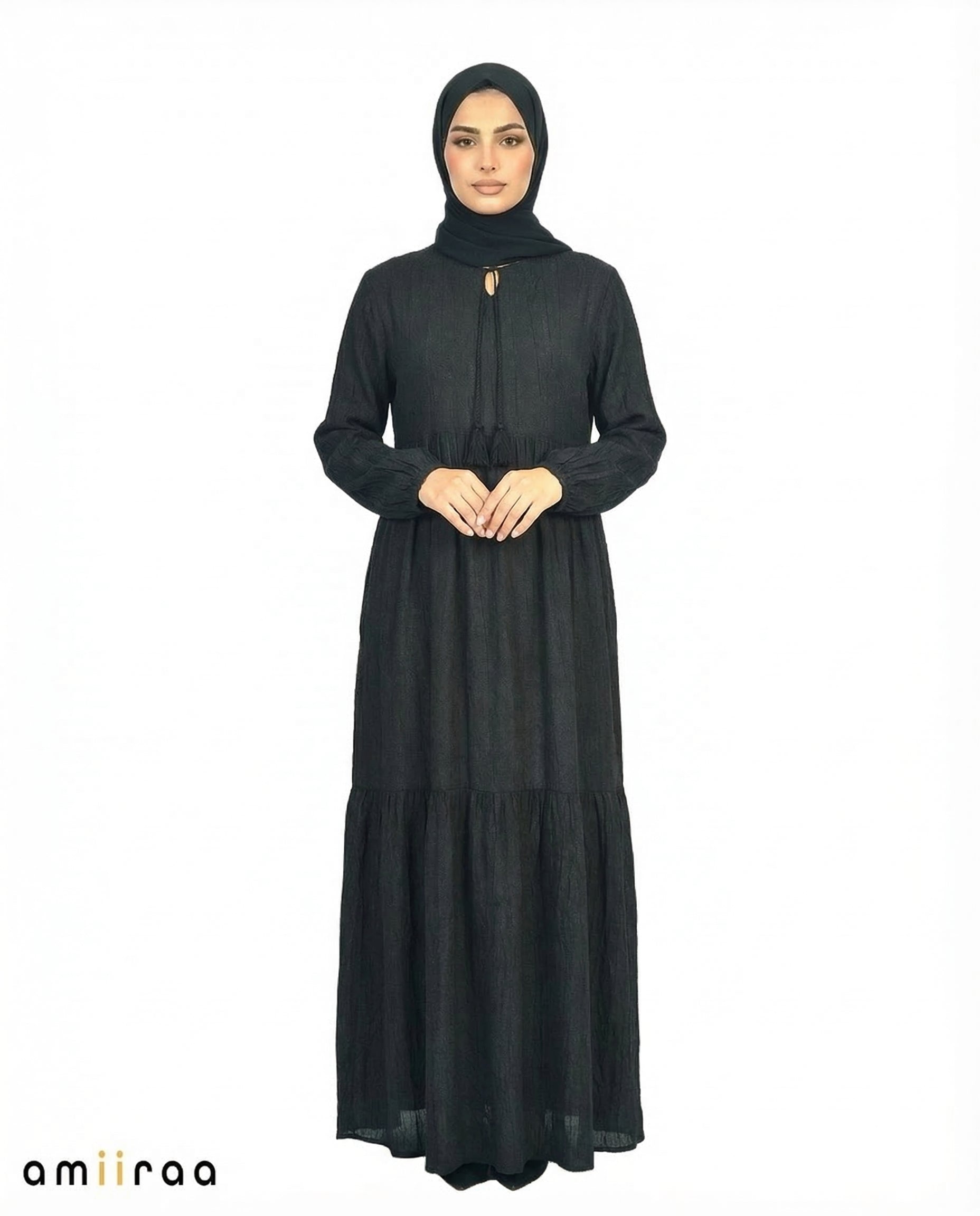 Caviar Textured Tiered Modest Maxi Dress with Tassel