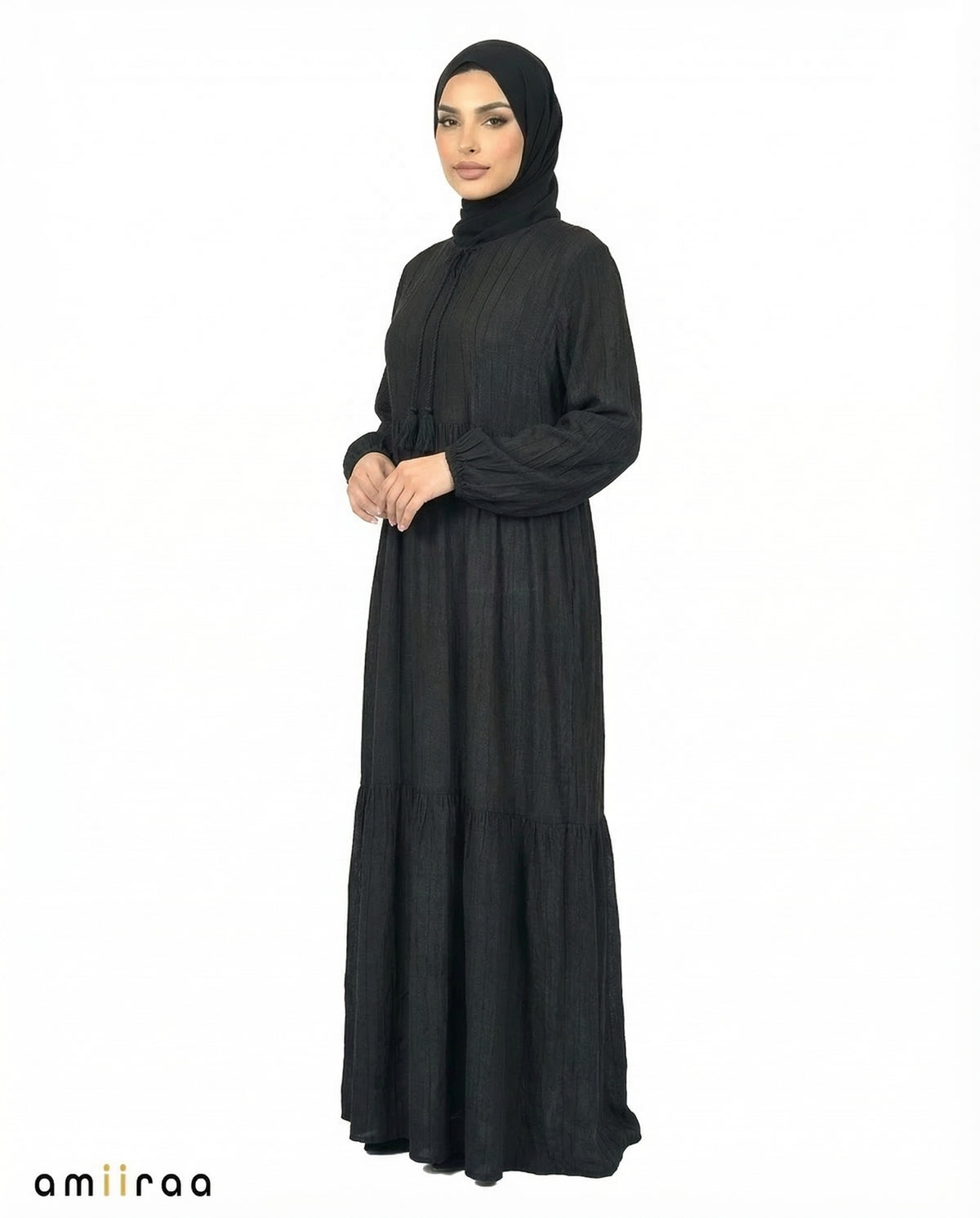 Caviar Textured Tiered Modest Maxi Dress with Tassel