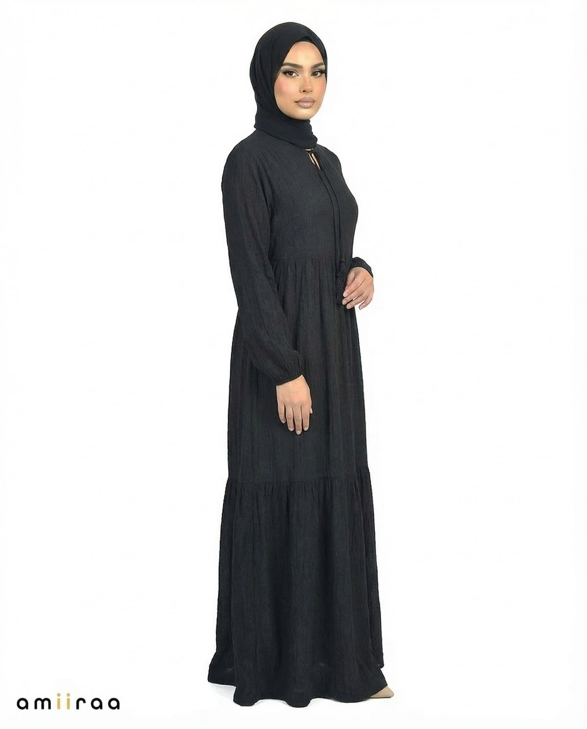 Caviar Textured Tiered Modest Maxi Dress with Tassel
