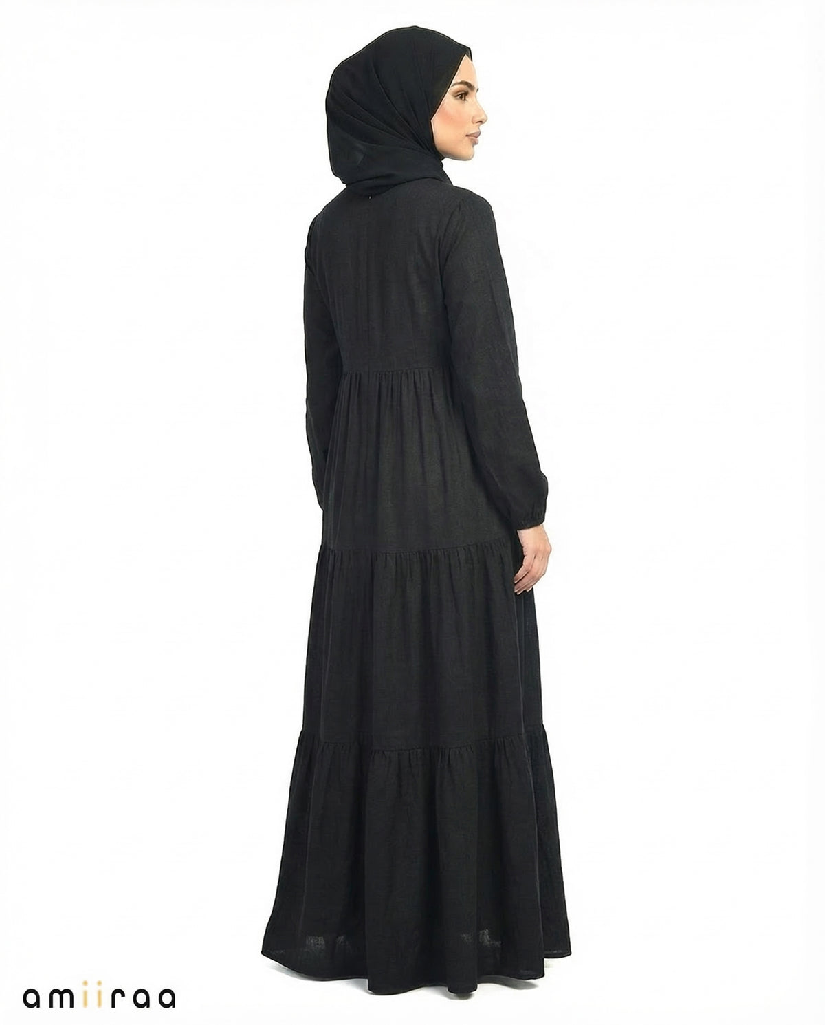 Caviar Textured Tiered Modest Maxi Dress with Tassel