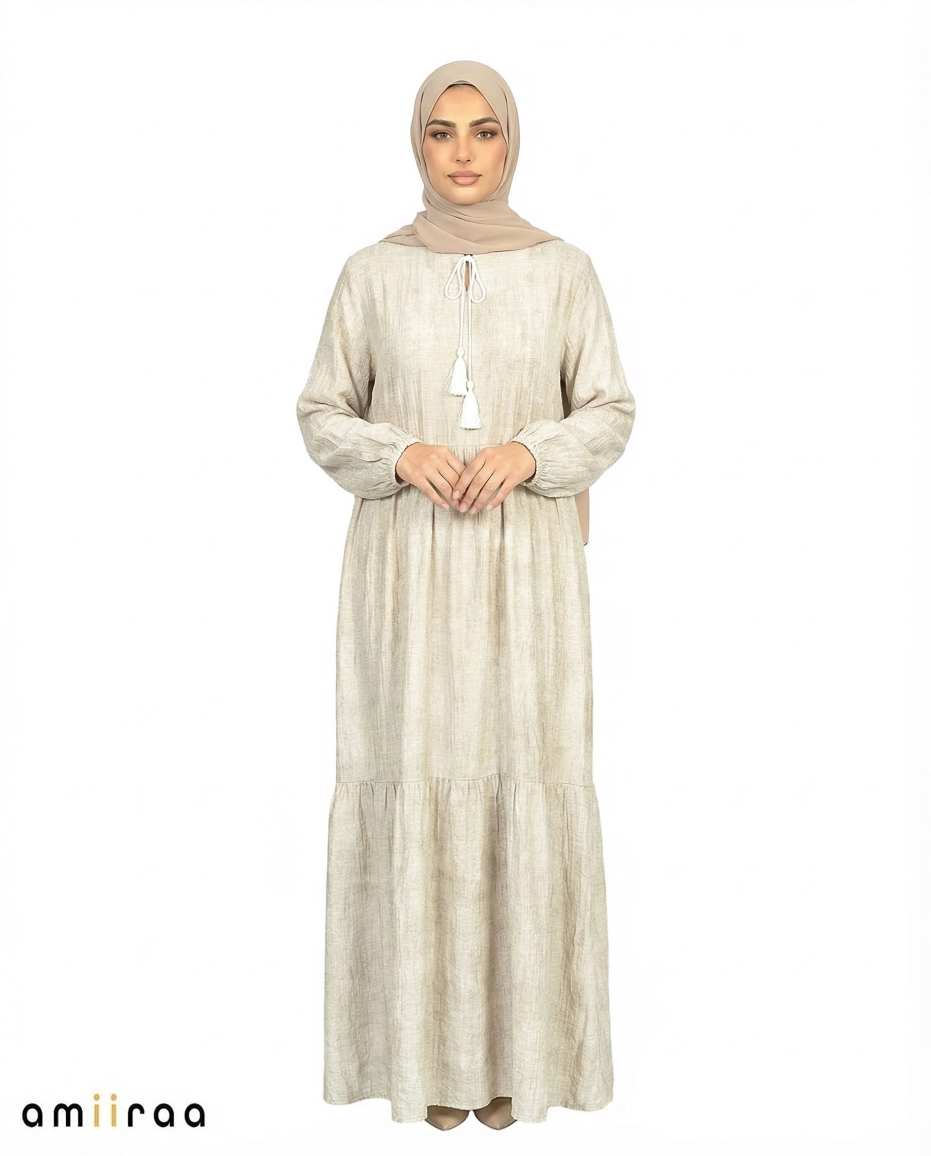 Wind Chime Textured Tiered Modest Maxi Dress with Tassel