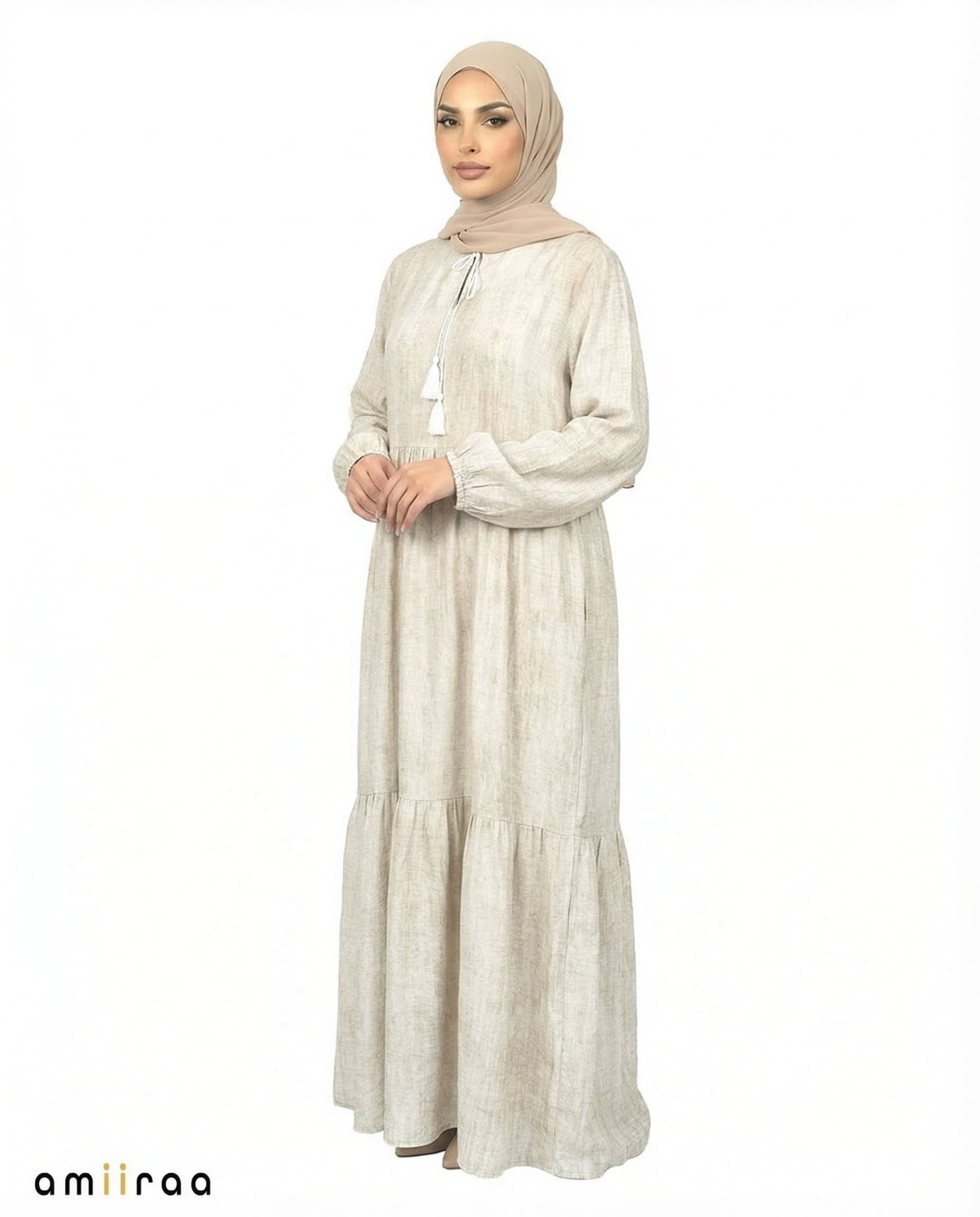 Wind Chime Textured Tiered Modest Maxi Dress with Tassel