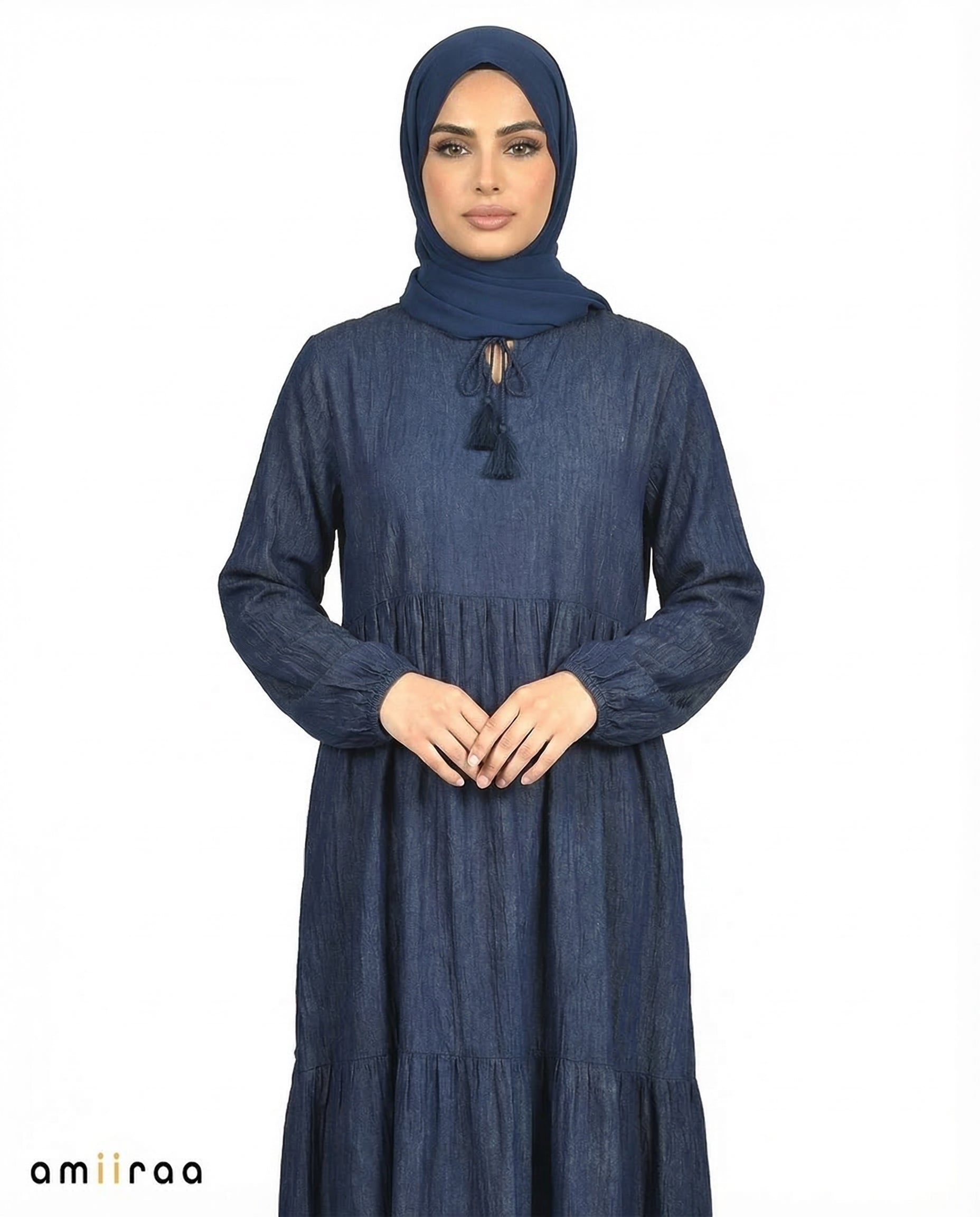 Insignia Blue Textured Tiered Modest Maxi Dress with Tassel