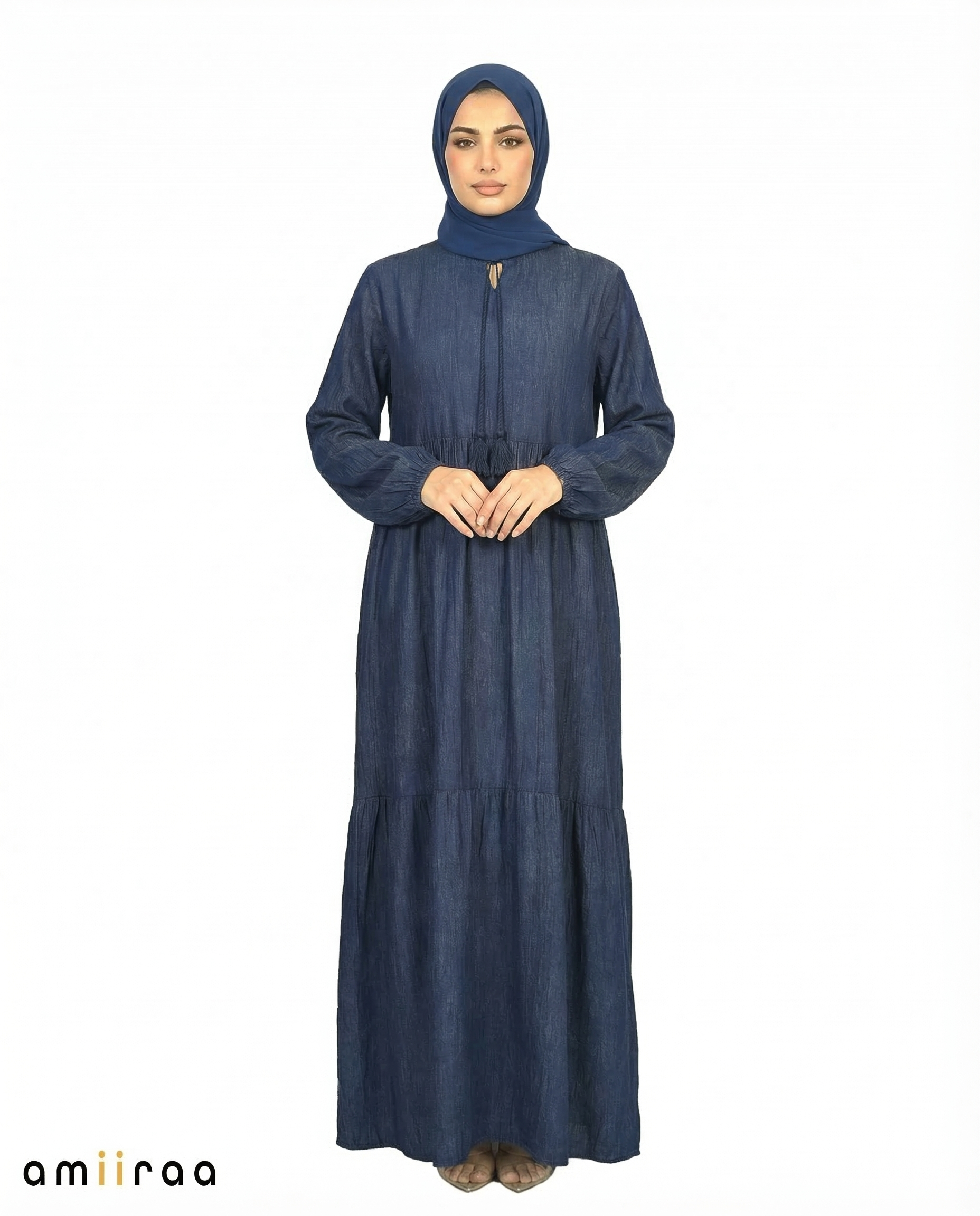 Insignia Blue Textured Tiered Modest Maxi Dress with Tassel