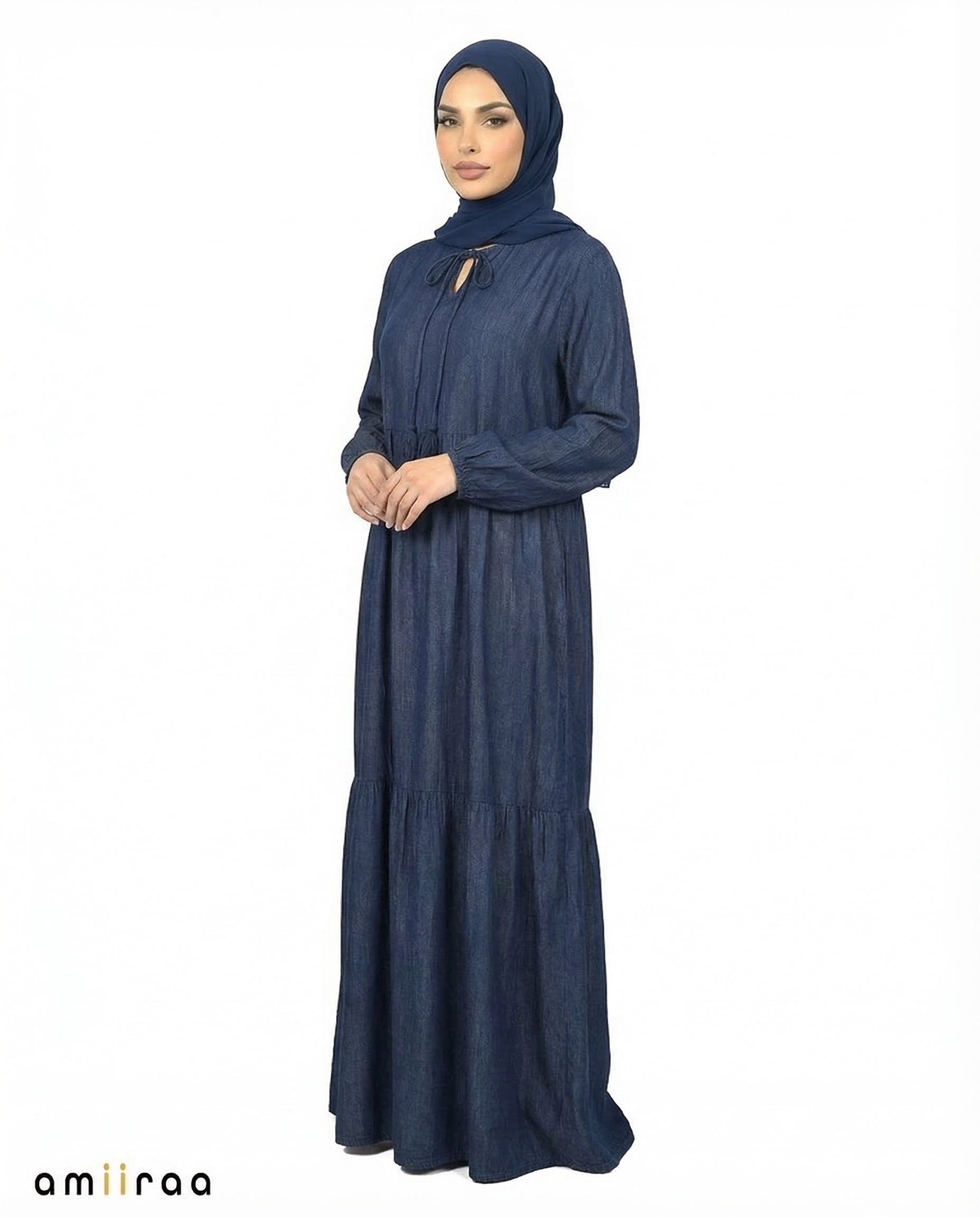 Insignia Blue Textured Tiered Modest Maxi Dress with Tassel