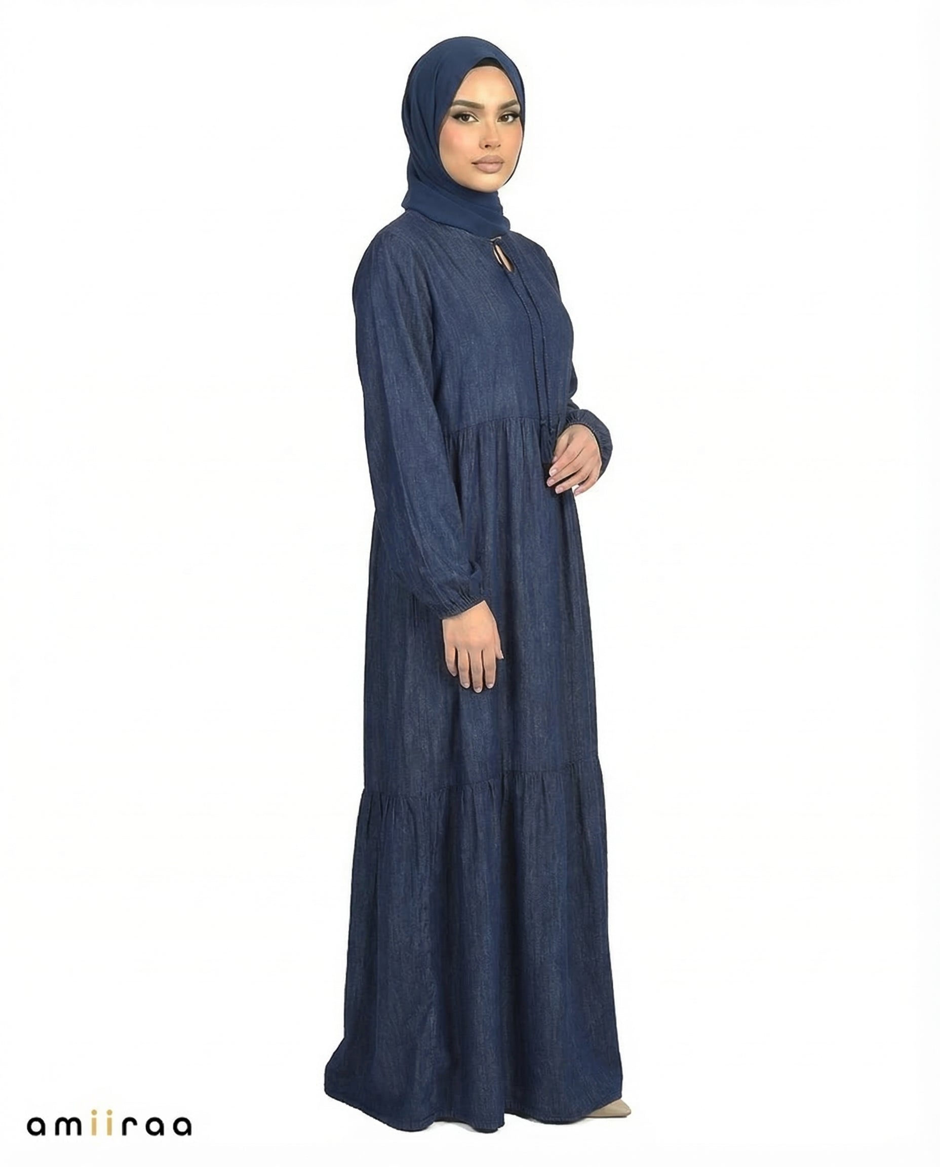 Insignia Blue Textured Tiered Modest Maxi Dress with Tassel