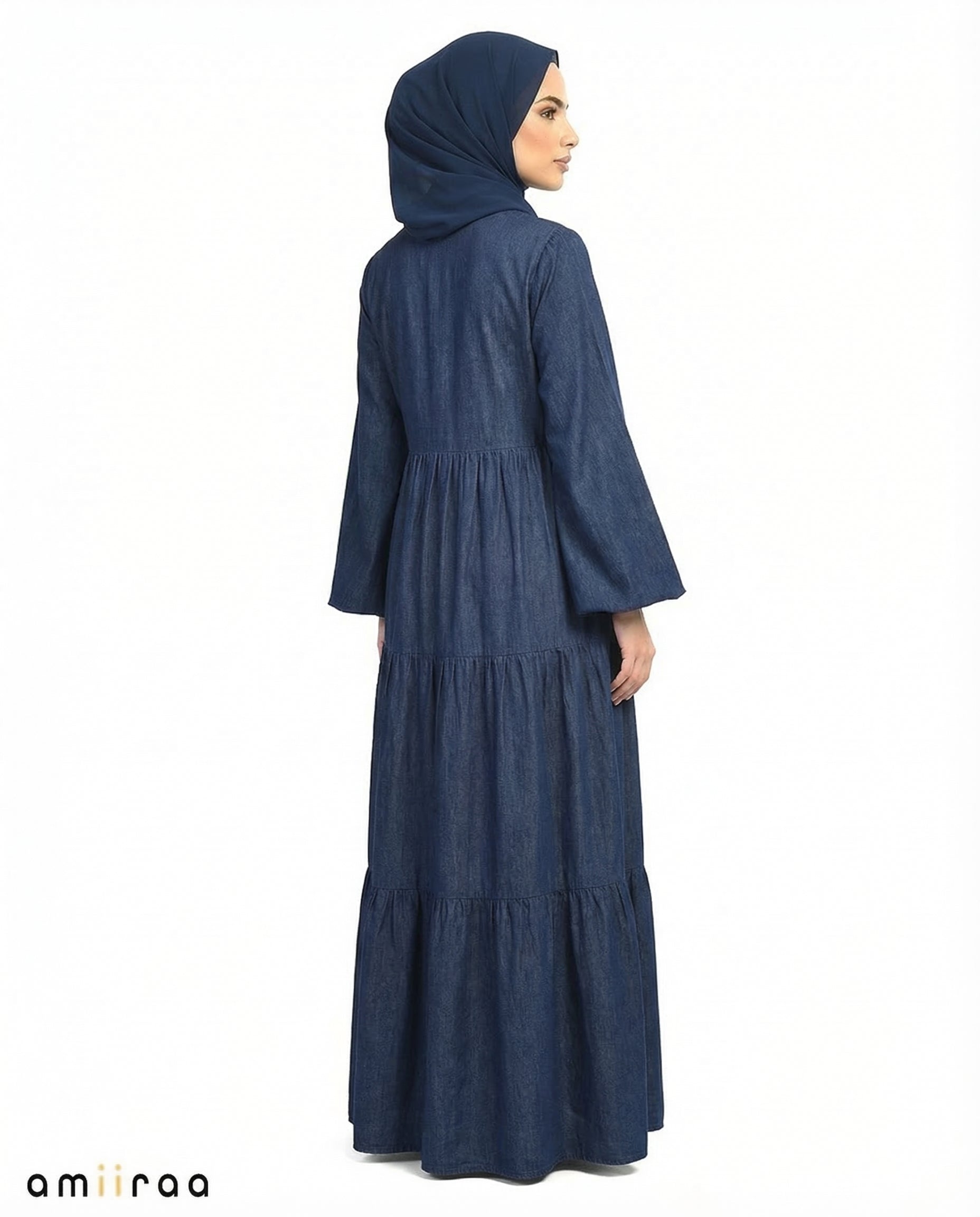 Insignia Blue Textured Tiered Modest Maxi Dress with Tassel