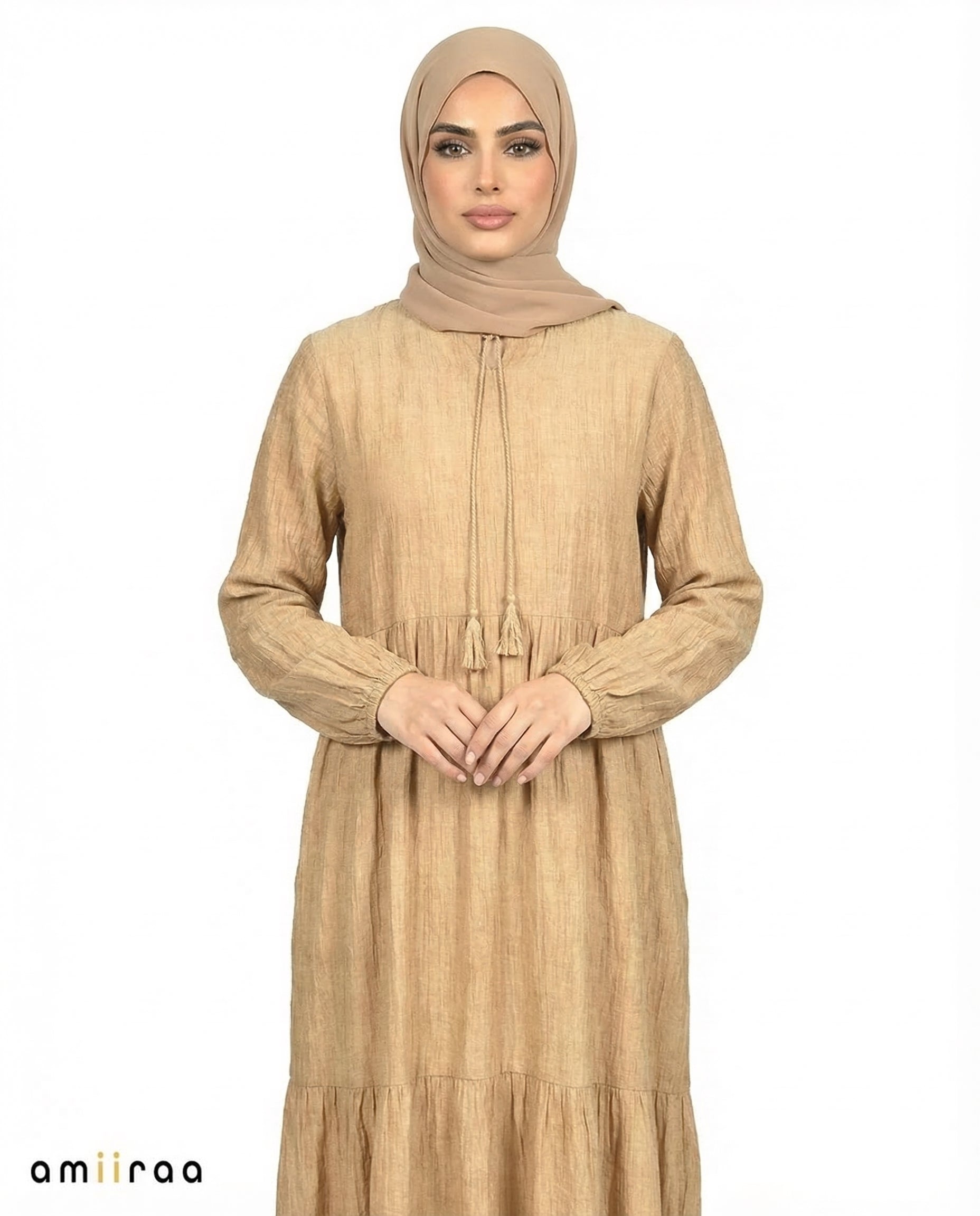 Tiger's Eye Textured Tiered Modest Maxi Dress with Tassel