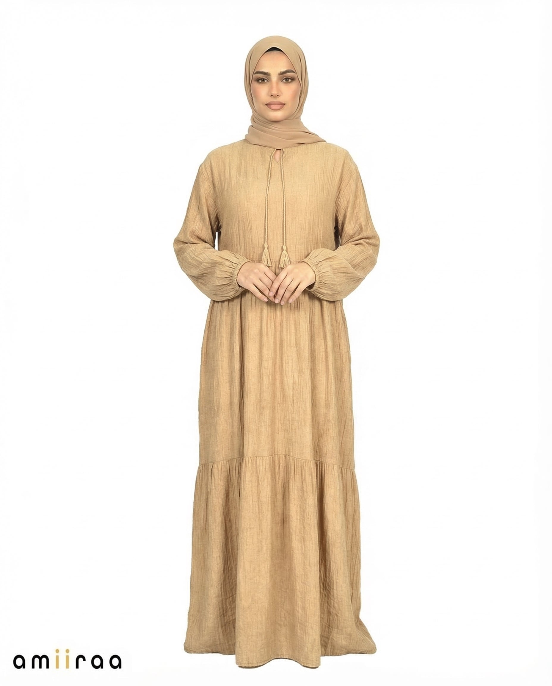 Tiger's Eye Textured Tiered Modest Maxi Dress with Tassel