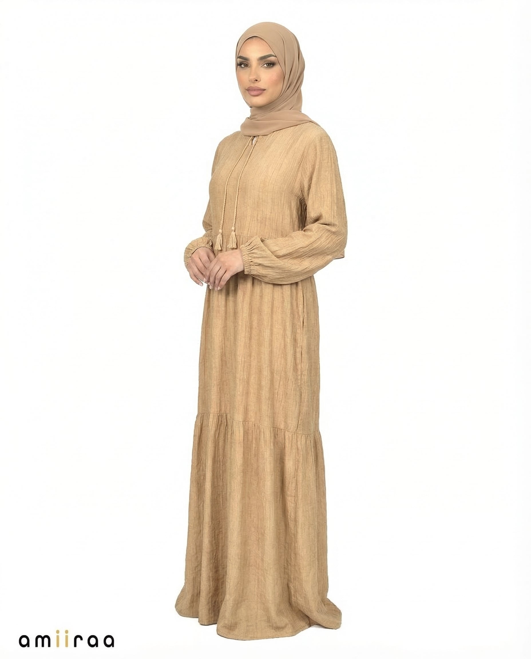Tiger's Eye Textured Tiered Modest Maxi Dress with Tassel