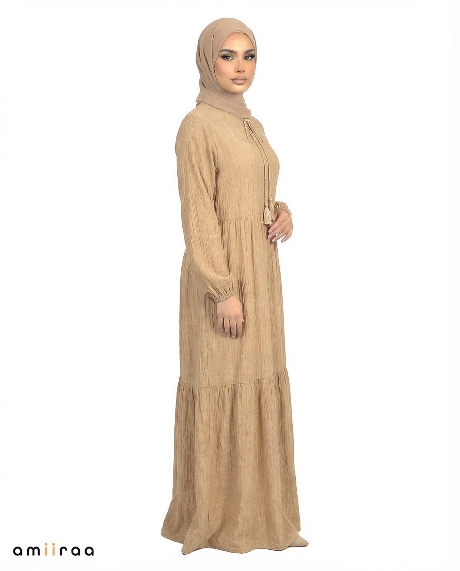 Tiger's Eye Textured Tiered Modest Maxi Dress with Tassel