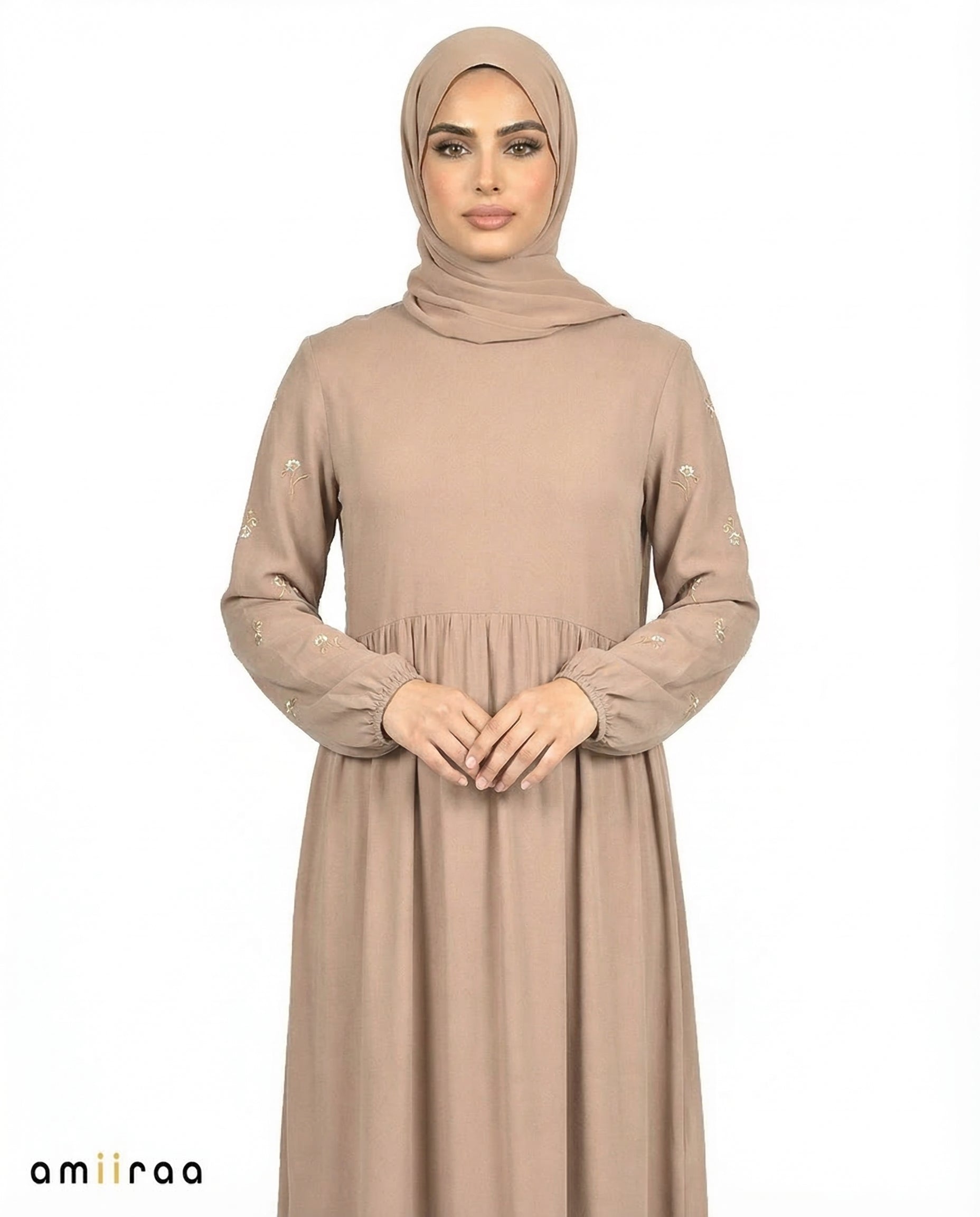 Greige Embroidered Sleeve Modest Maxi Dress