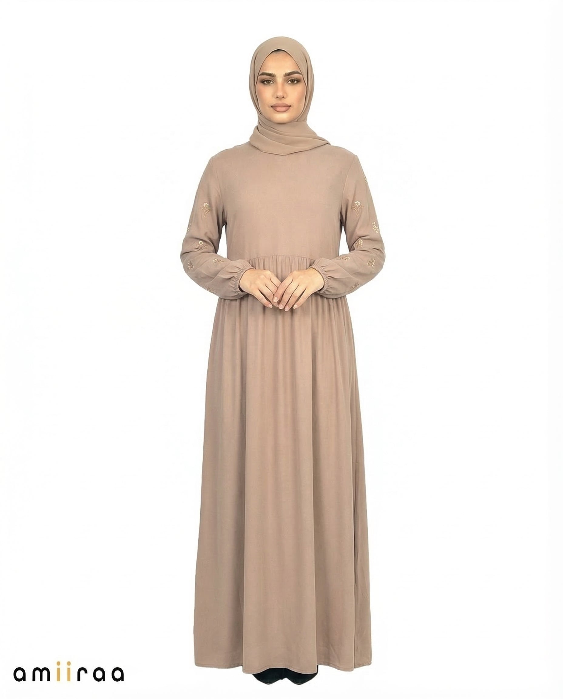 Greige Embroidered Sleeve Modest Maxi Dress