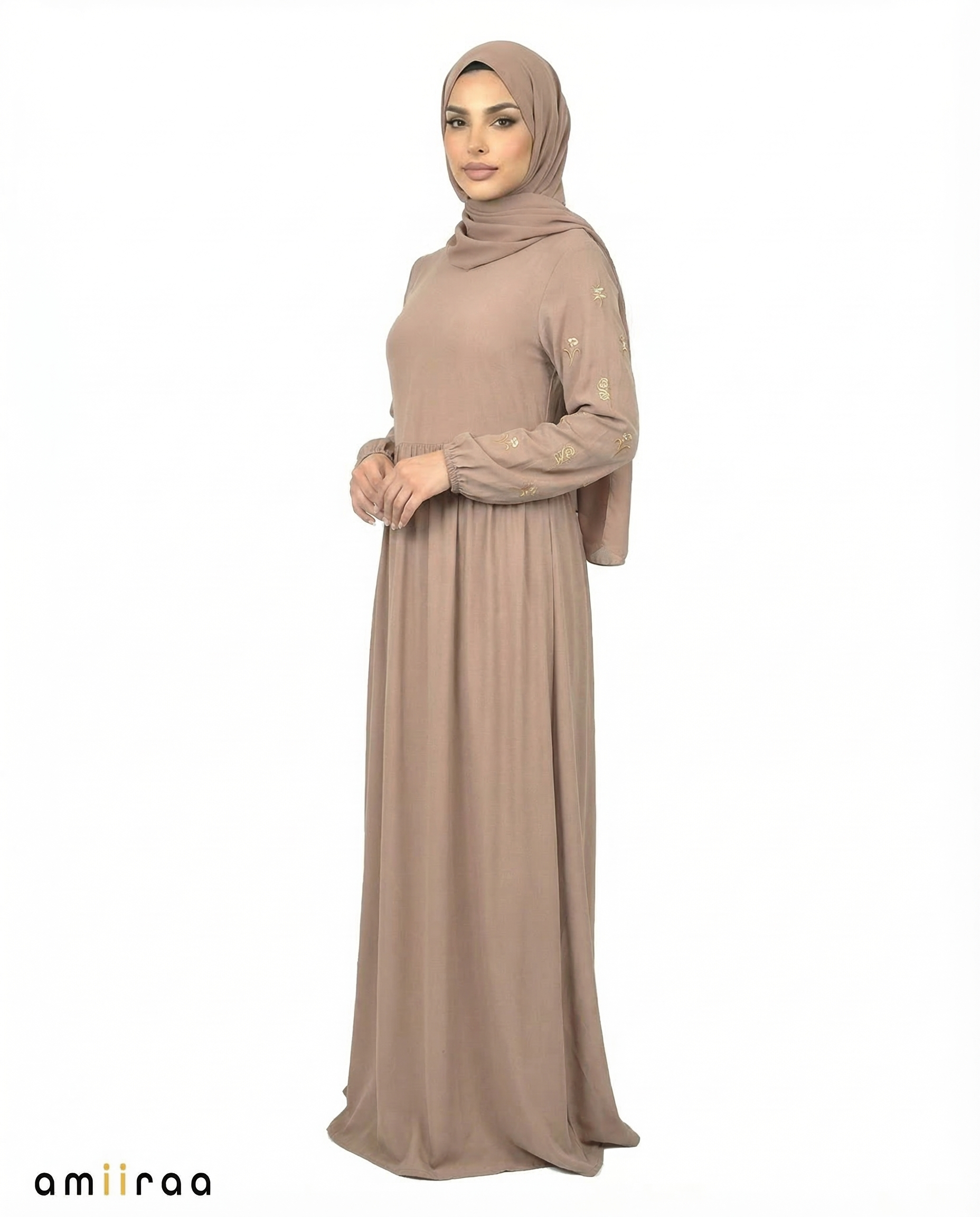 Greige Embroidered Sleeve Modest Maxi Dress