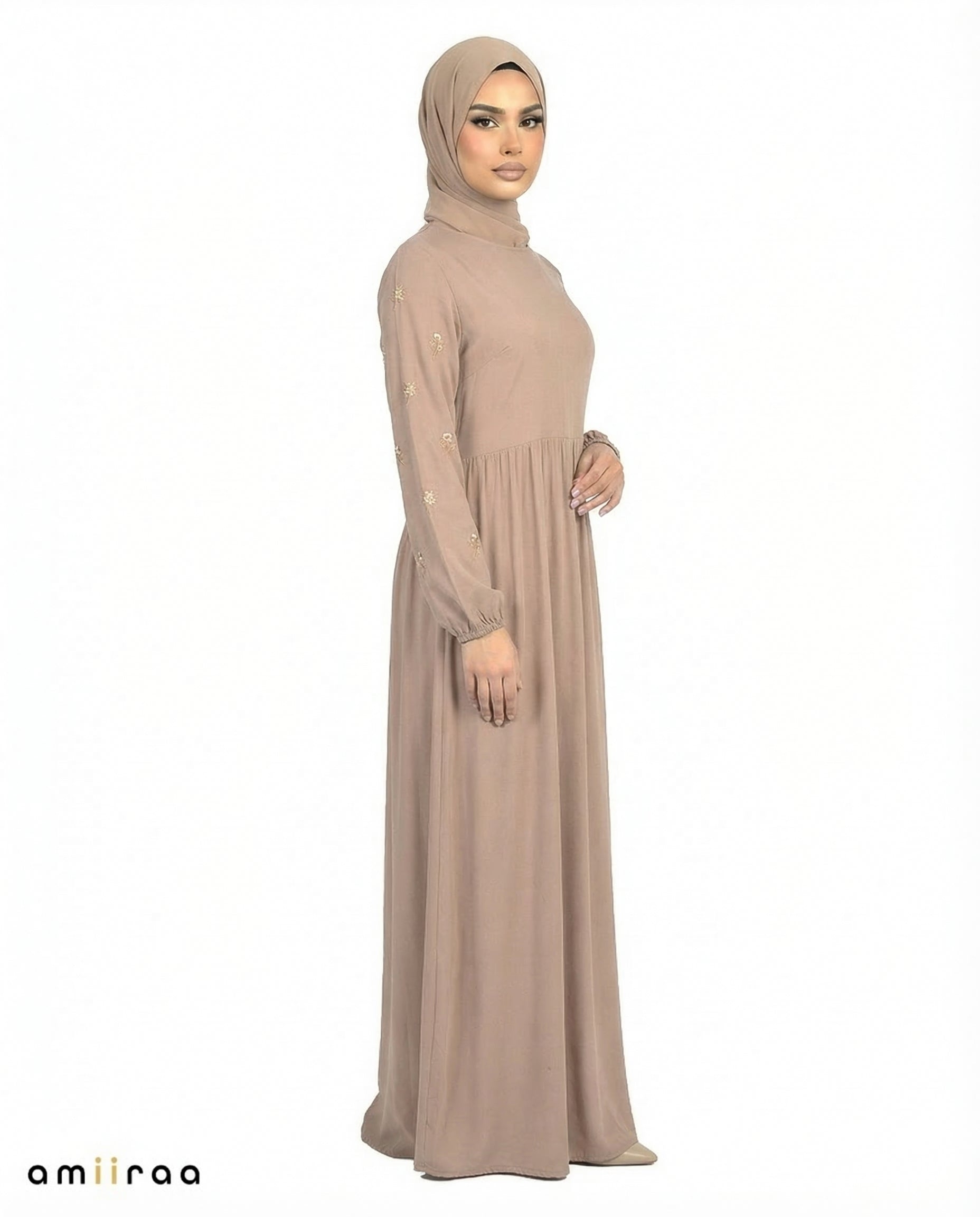Greige Embroidered Sleeve Modest Maxi Dress