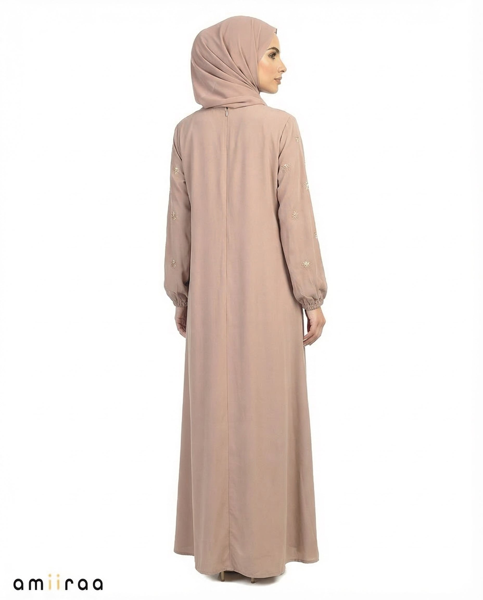 Greige Embroidered Sleeve Modest Maxi Dress