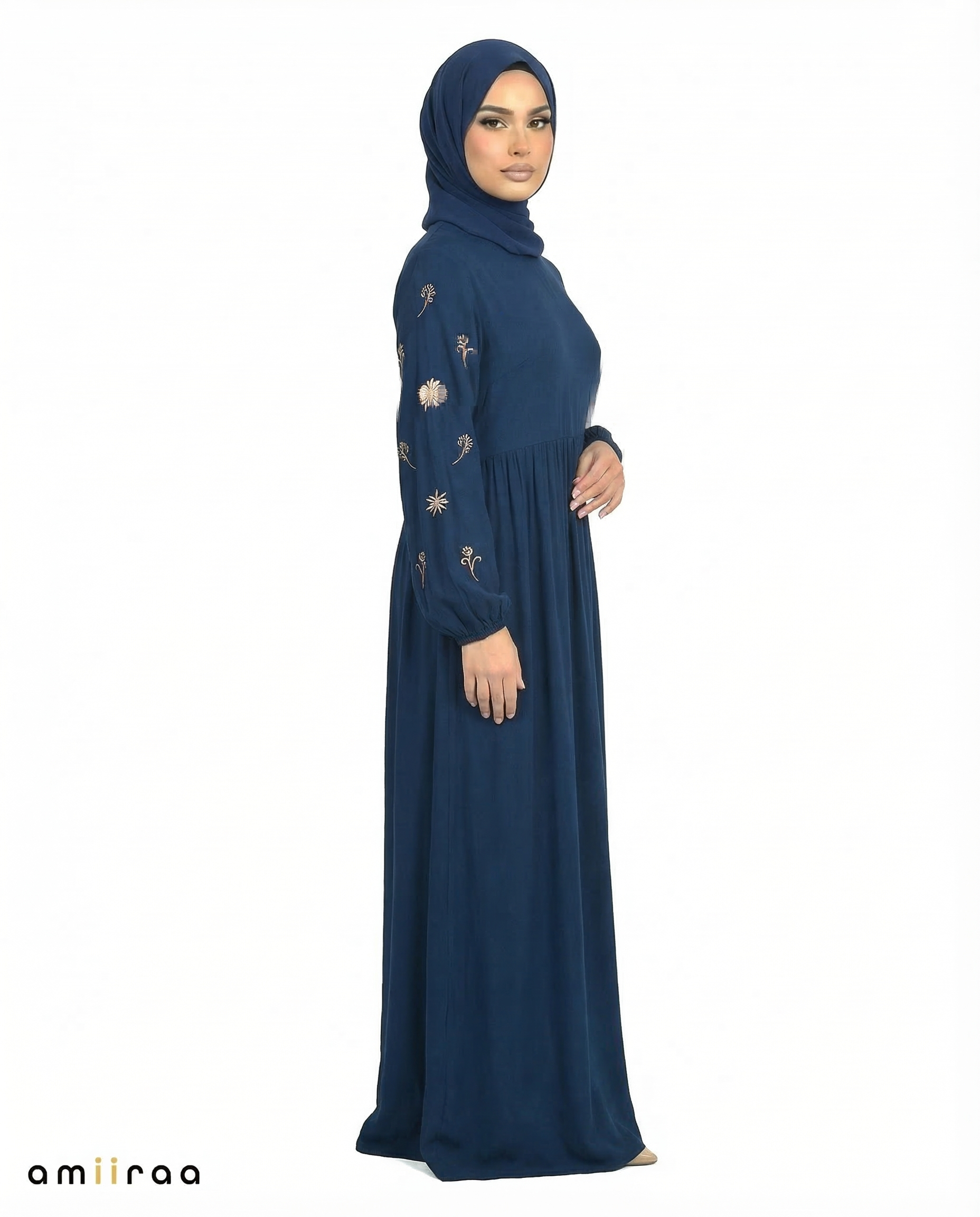 Blue Opal Embroidered Sleeve Modest Maxi Dress