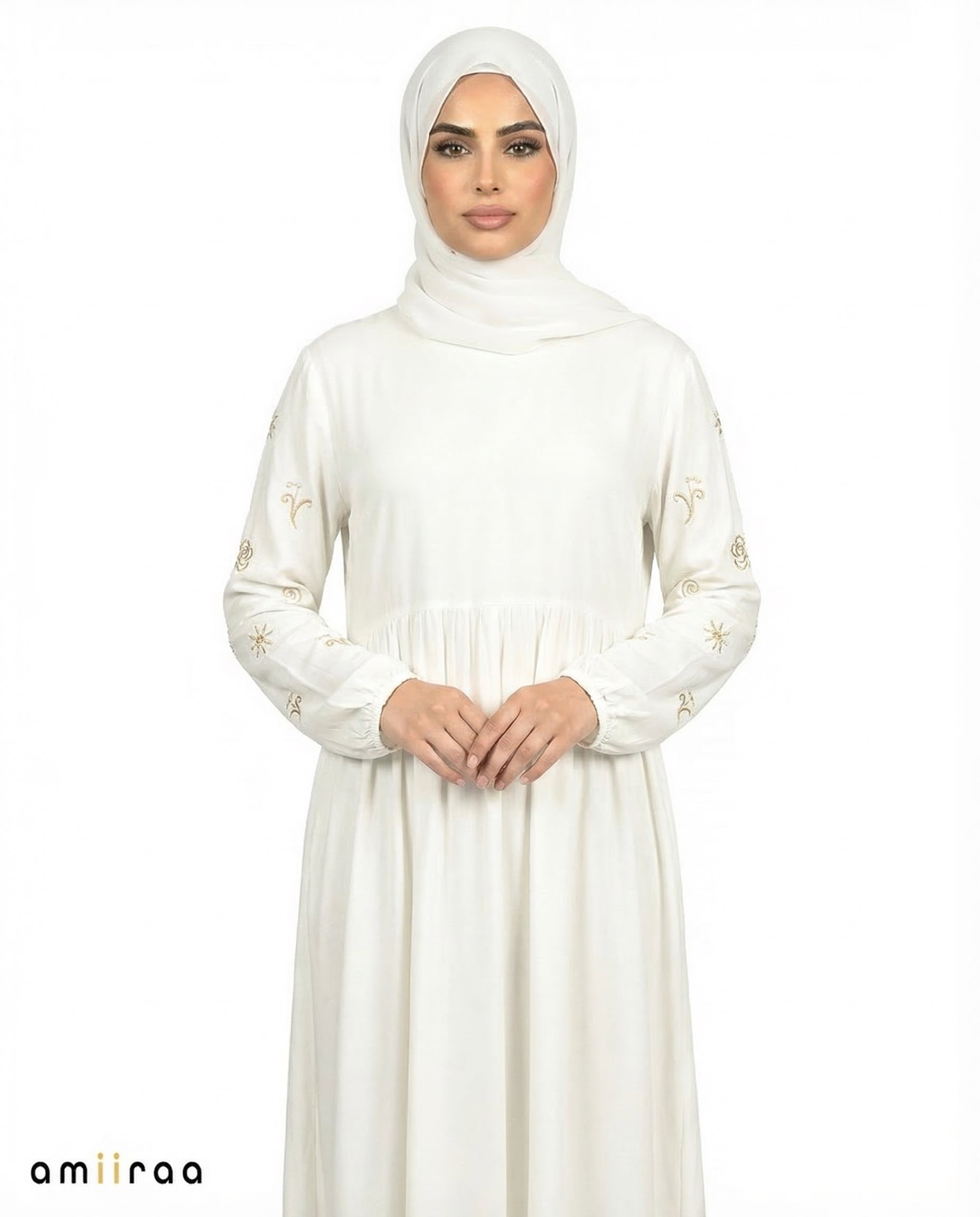 Brilliant White Embroidered Sleeve Modest Maxi Dress