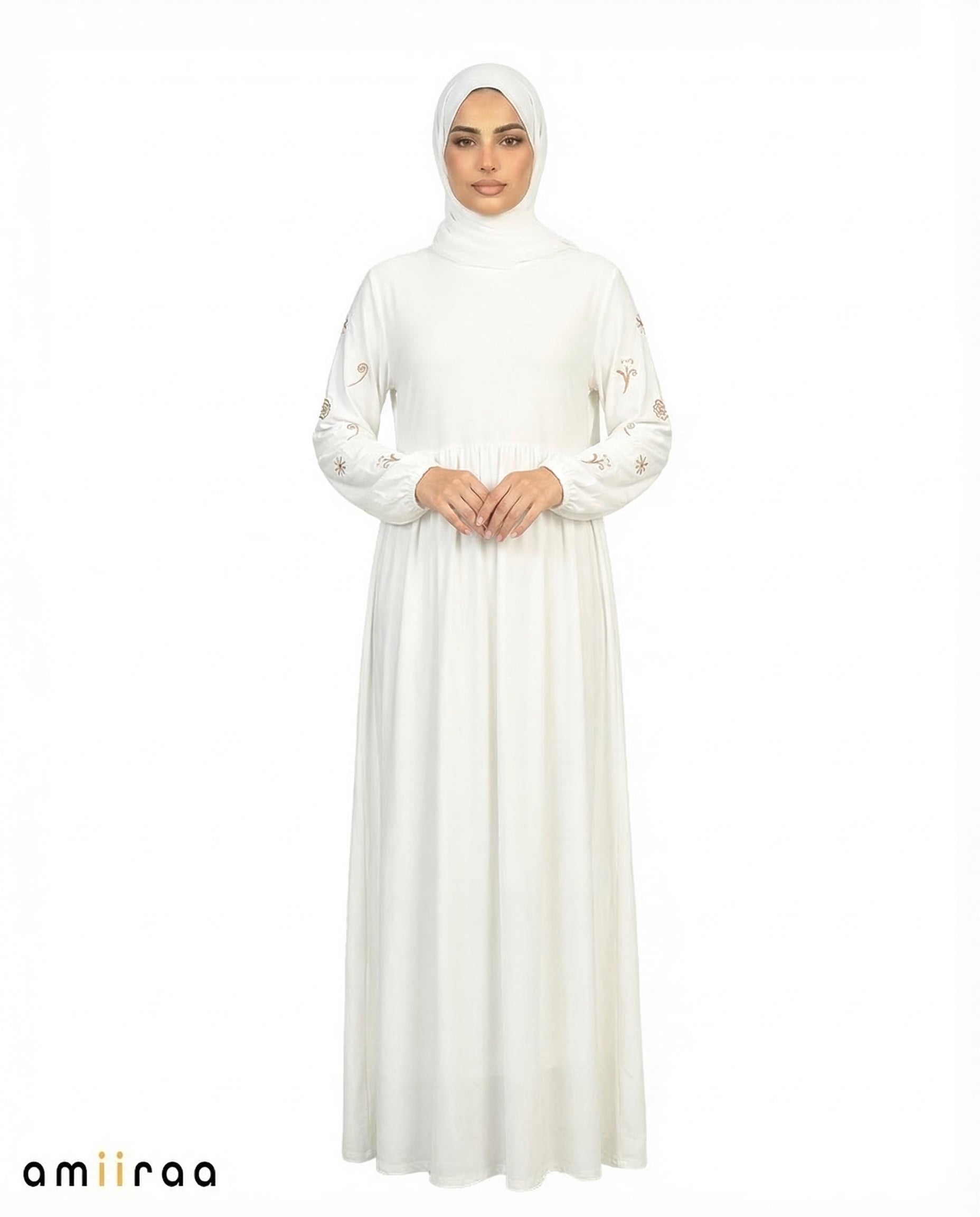 Brilliant White Embroidered Sleeve Modest Maxi Dress