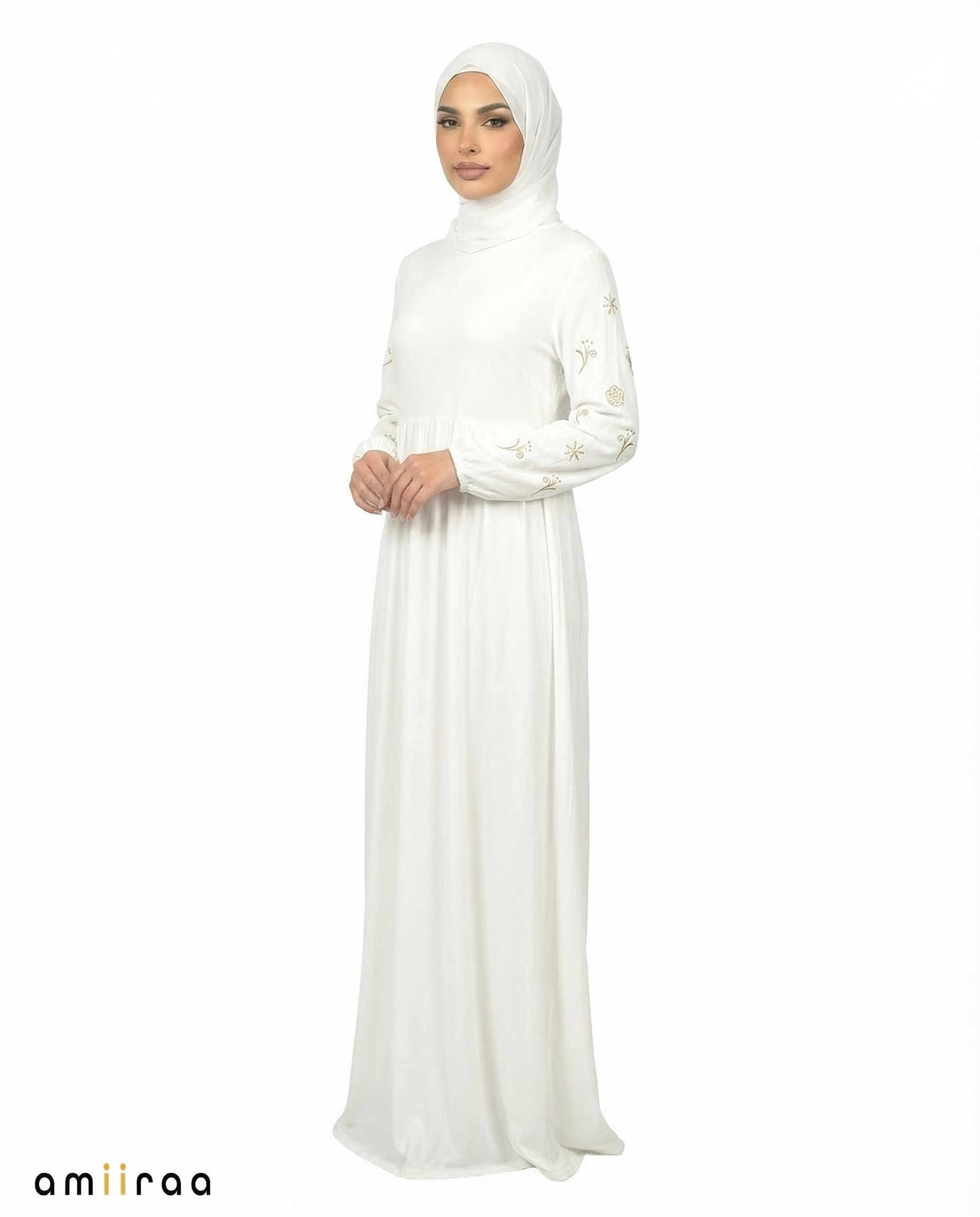 Brilliant White Embroidered Sleeve Modest Maxi Dress