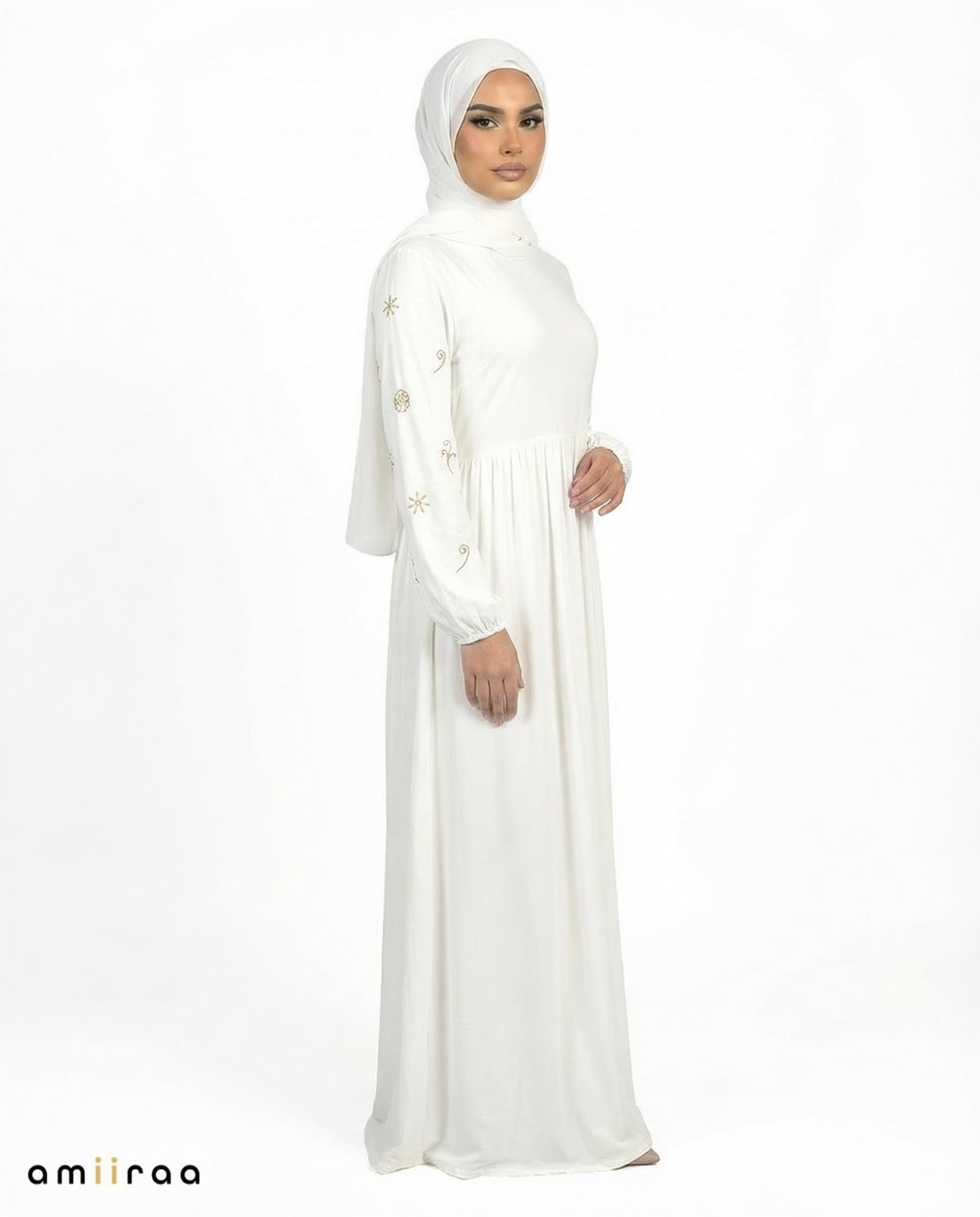 Brilliant White Embroidered Sleeve Modest Maxi Dress