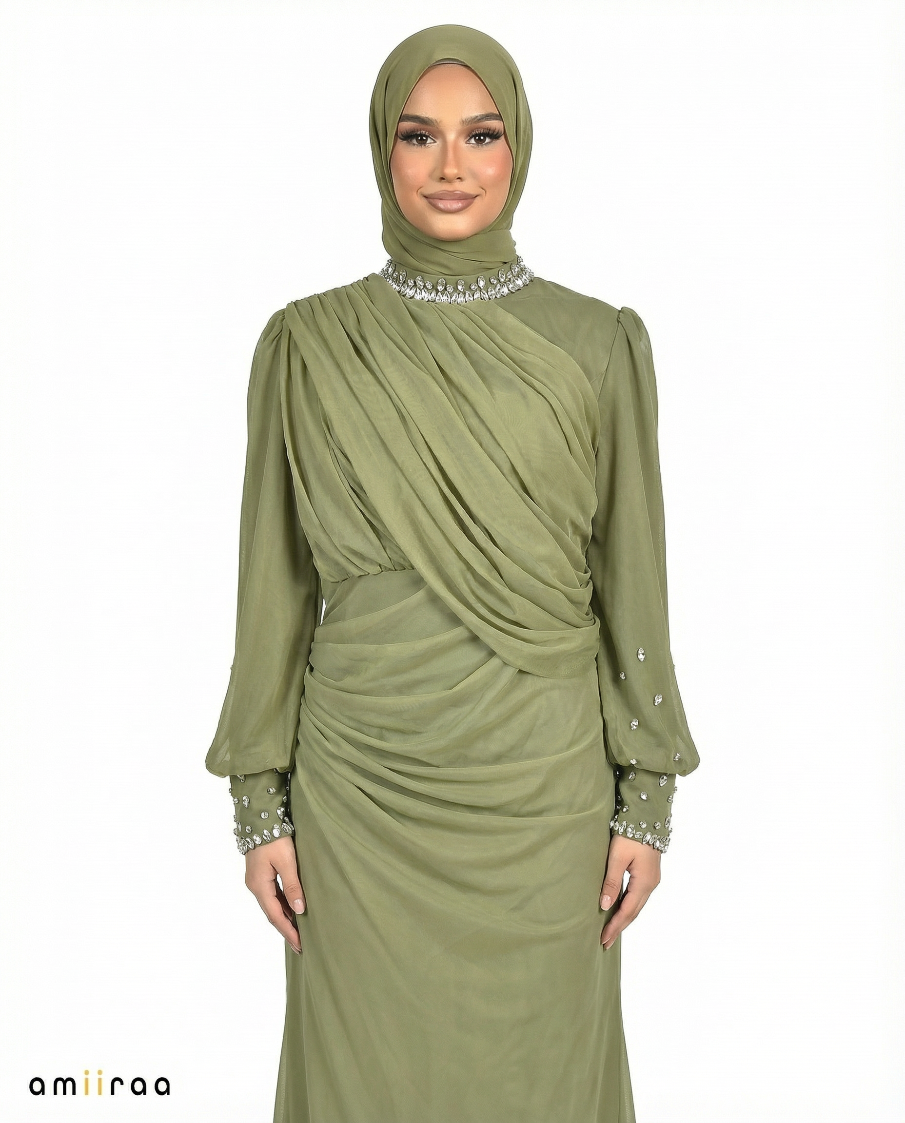 Leaf Green Draped Chiffon Maxi Dress with Beaded Embellished Neckline & Cuffs