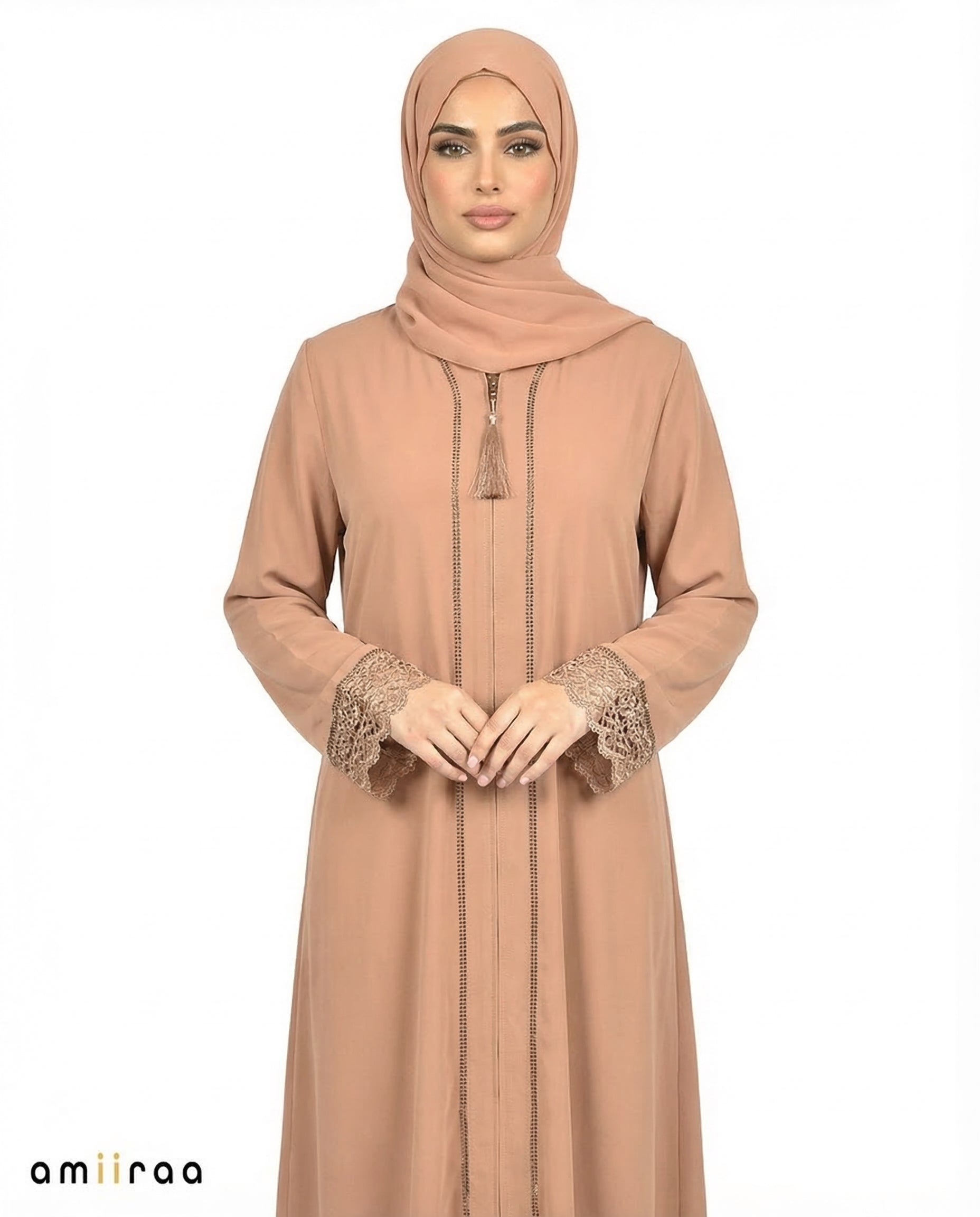Sepia Tint Elegant Lace Cuff Detailed Full-Length Abaya