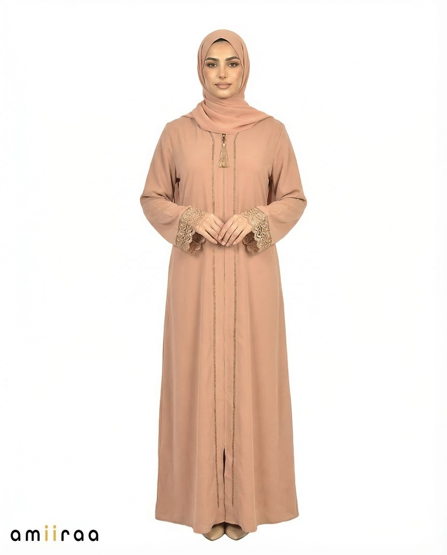 Sepia Tint Elegant Lace Cuff Detailed Full-Length Abaya