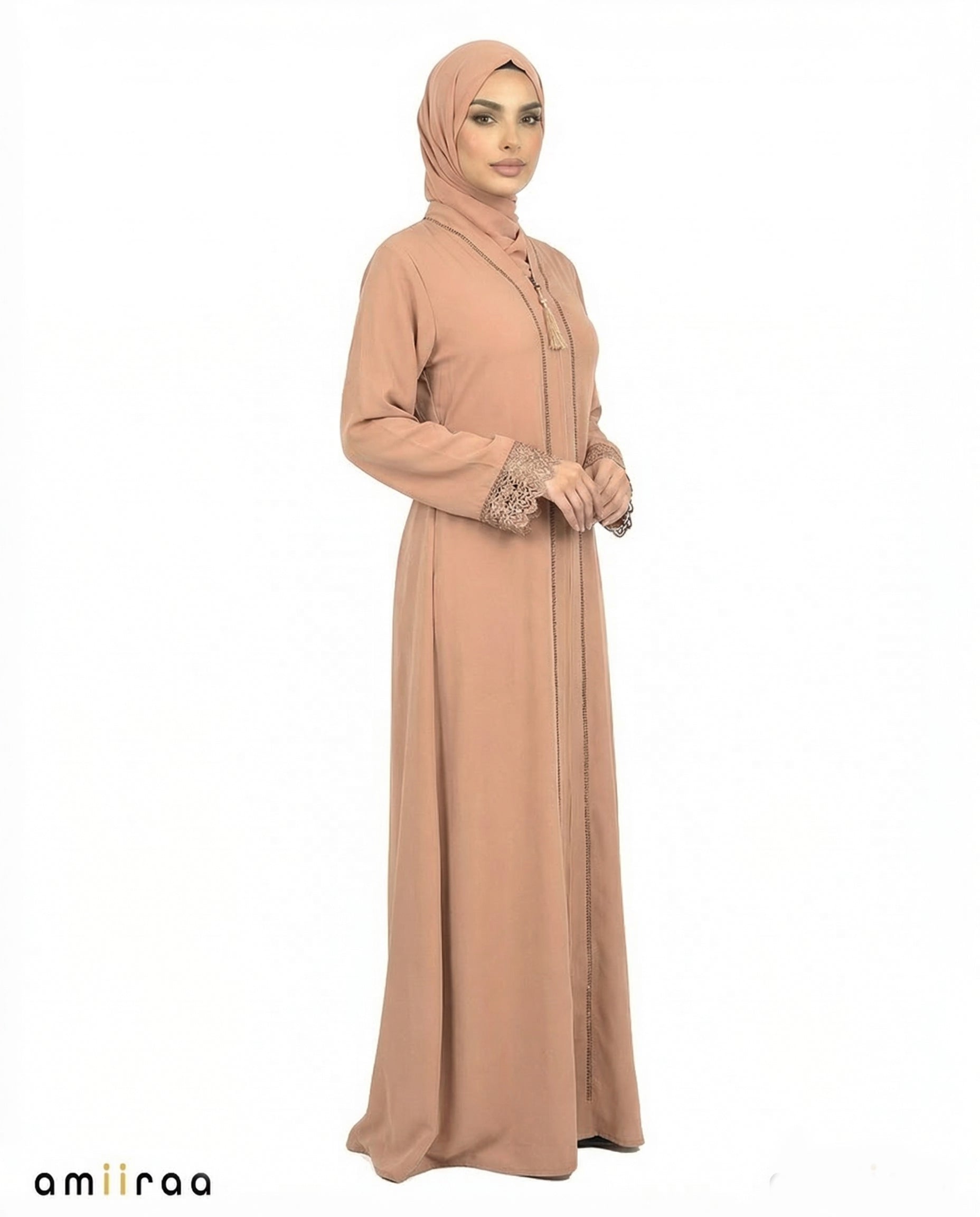 Sepia Tint Elegant Lace Cuff Detailed Full-Length Abaya
