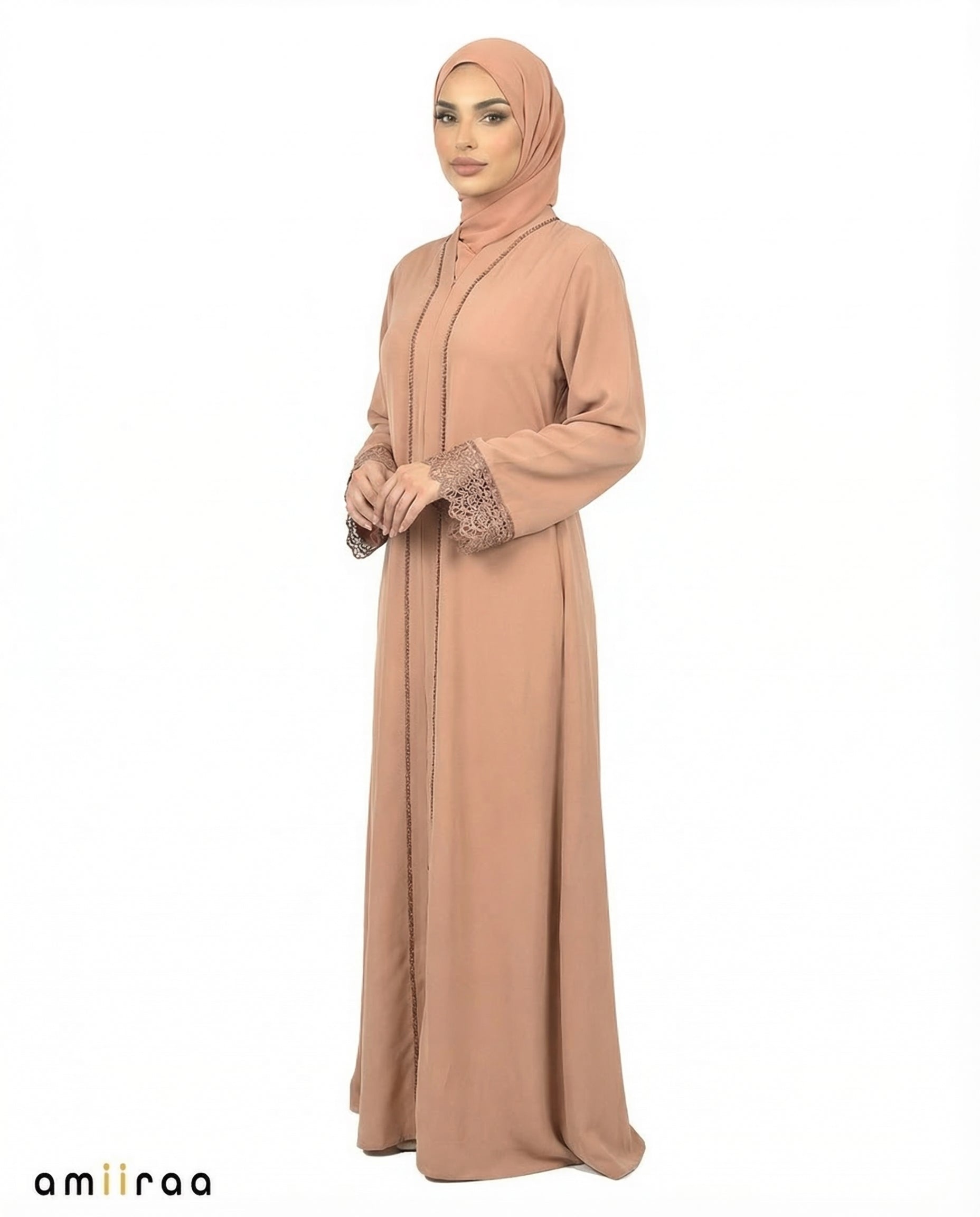 Sepia Tint Elegant Lace Cuff Detailed Full-Length Abaya