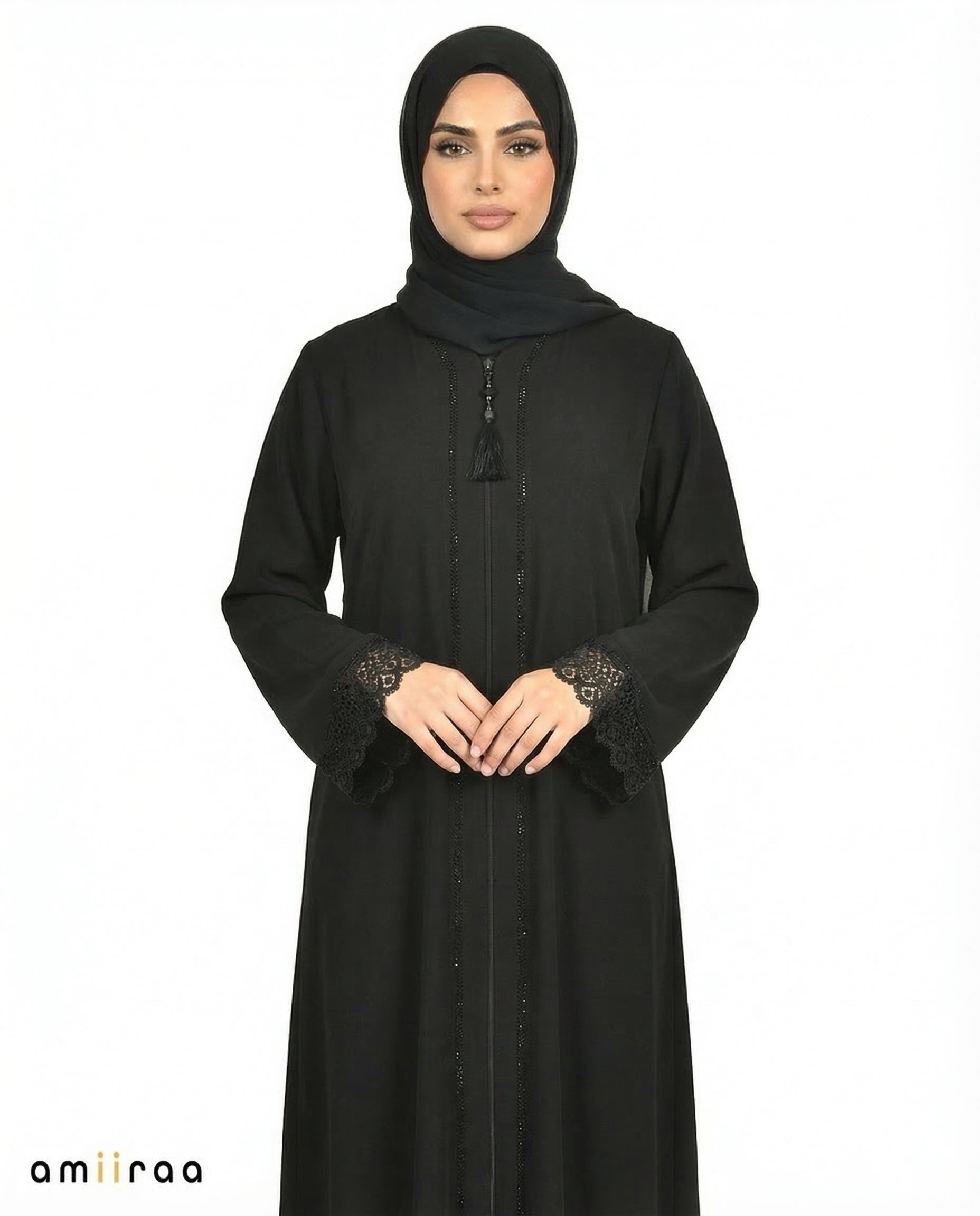 Anthracite Elegant Lace Cuff Detailed Full-Length Abaya