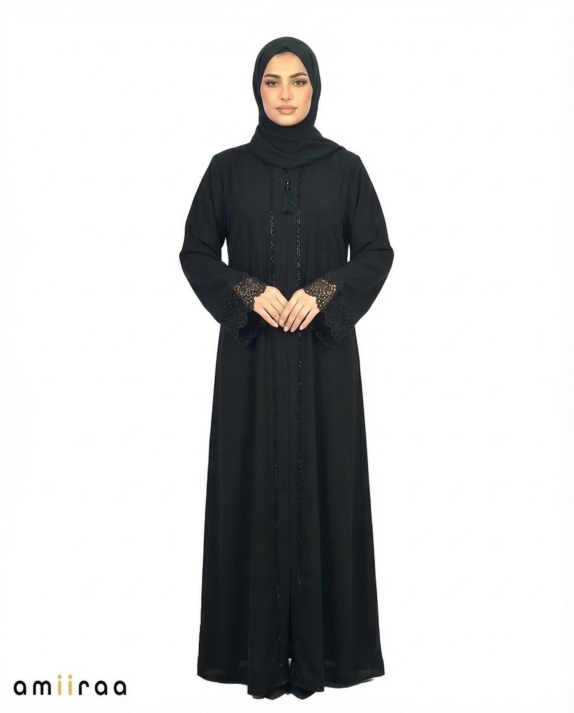 Anthracite Elegant Lace Cuff Detailed Full-Length Abaya