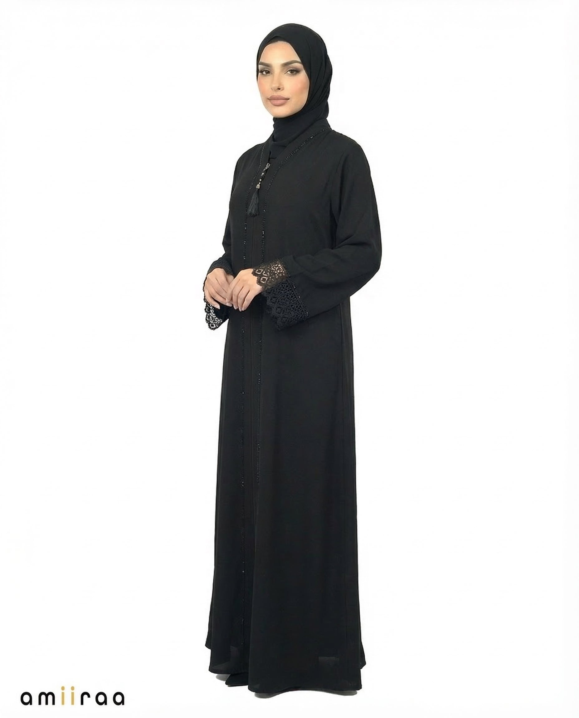 Anthracite Elegant Lace Cuff Detailed Full-Length Abaya