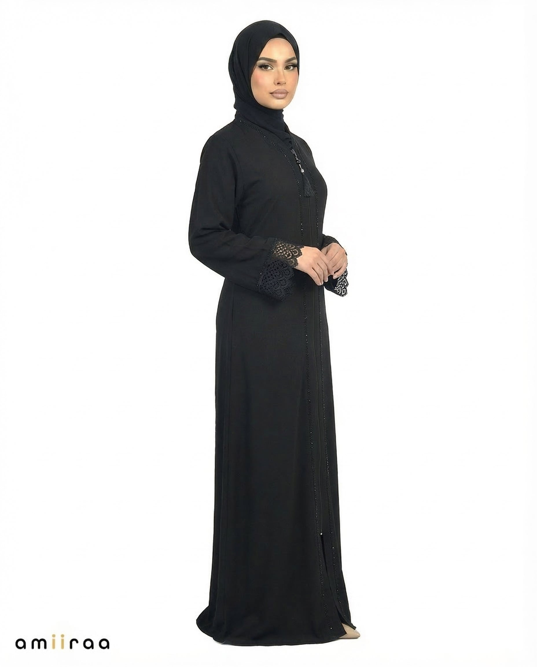 Anthracite Elegant Lace Cuff Detailed Full-Length Abaya