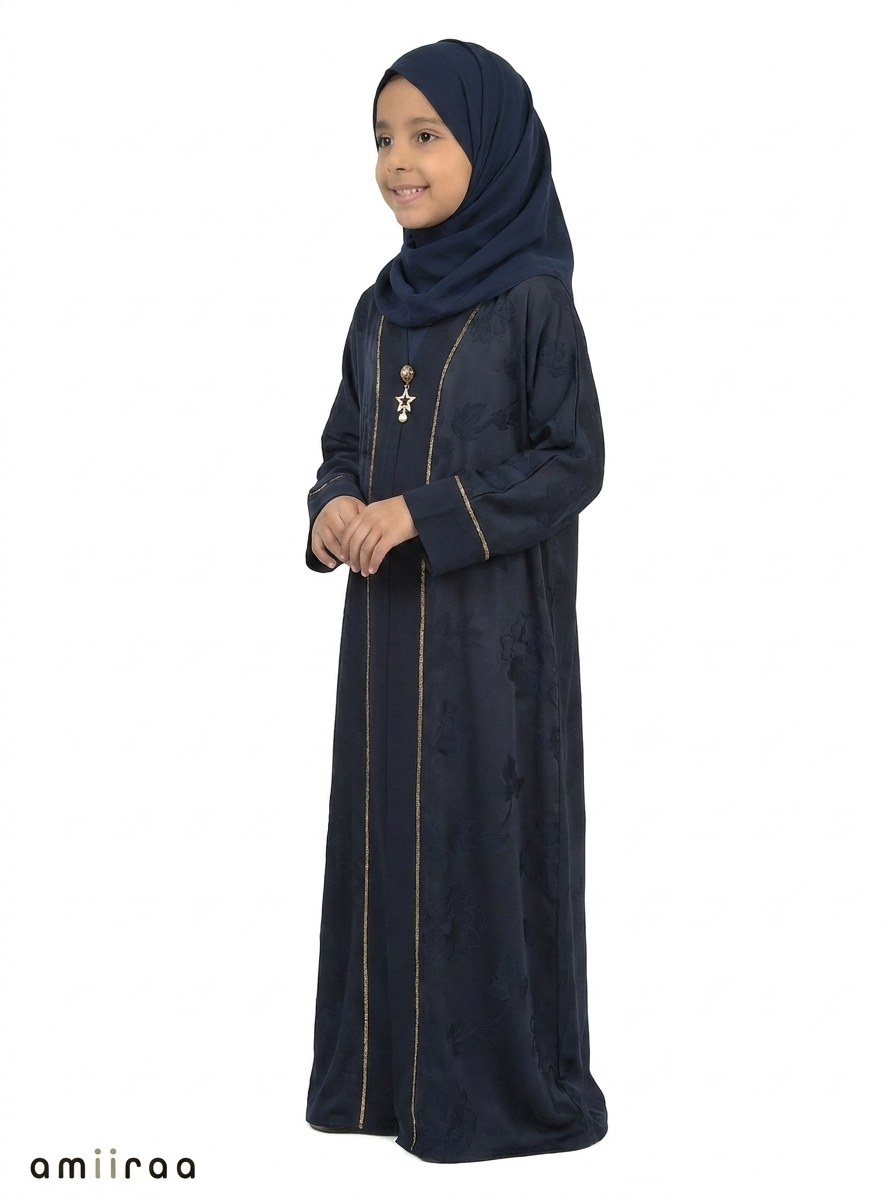 Black Iris Girls Saudi Abaya with Subtle Floral Detailing