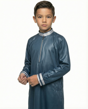 Ensign Blue Emirati Zip Collar Thobe with Contrast Cuff Trim