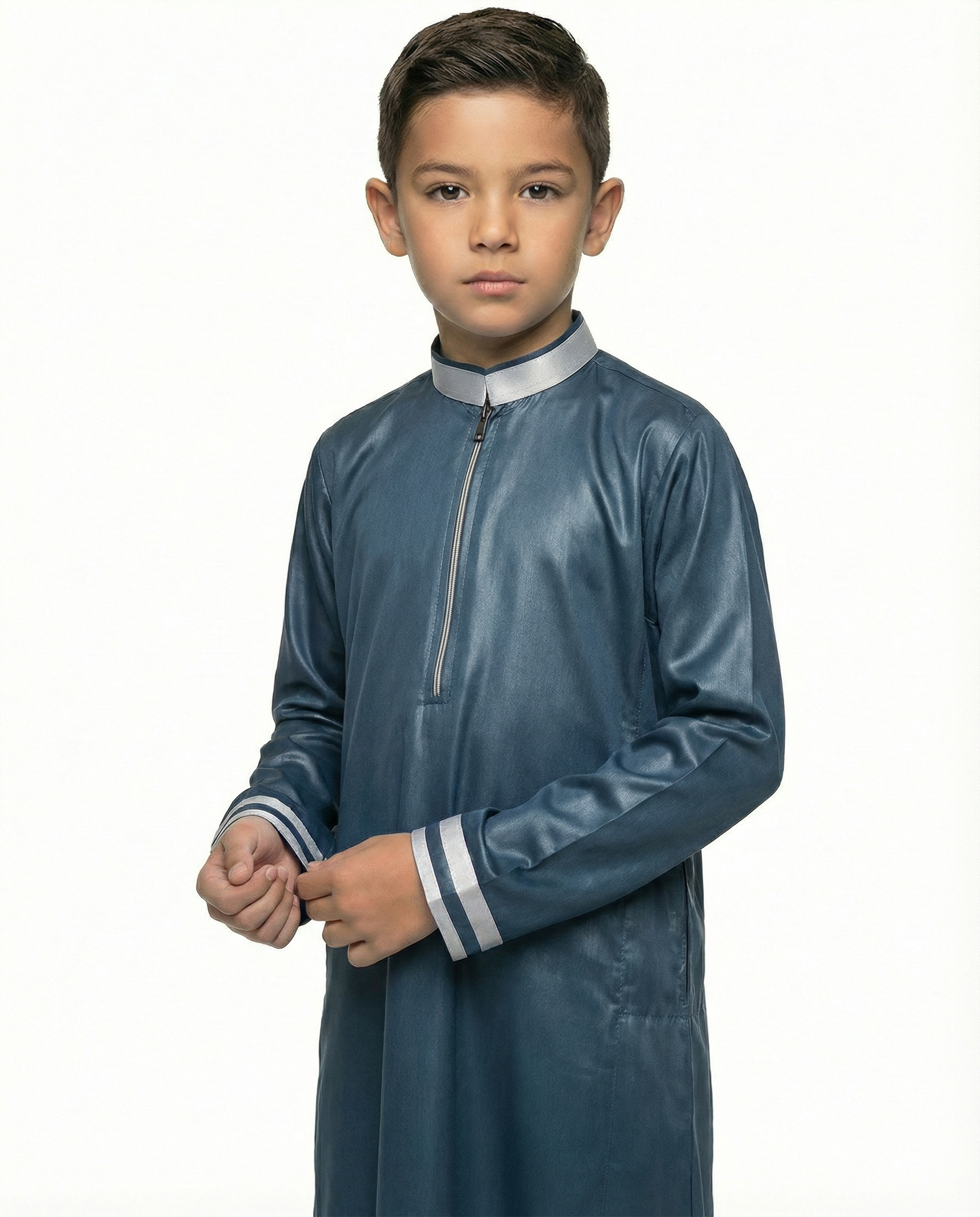 Ensign Blue Emirati Zip Collar Thobe with Contrast Cuff Trim
