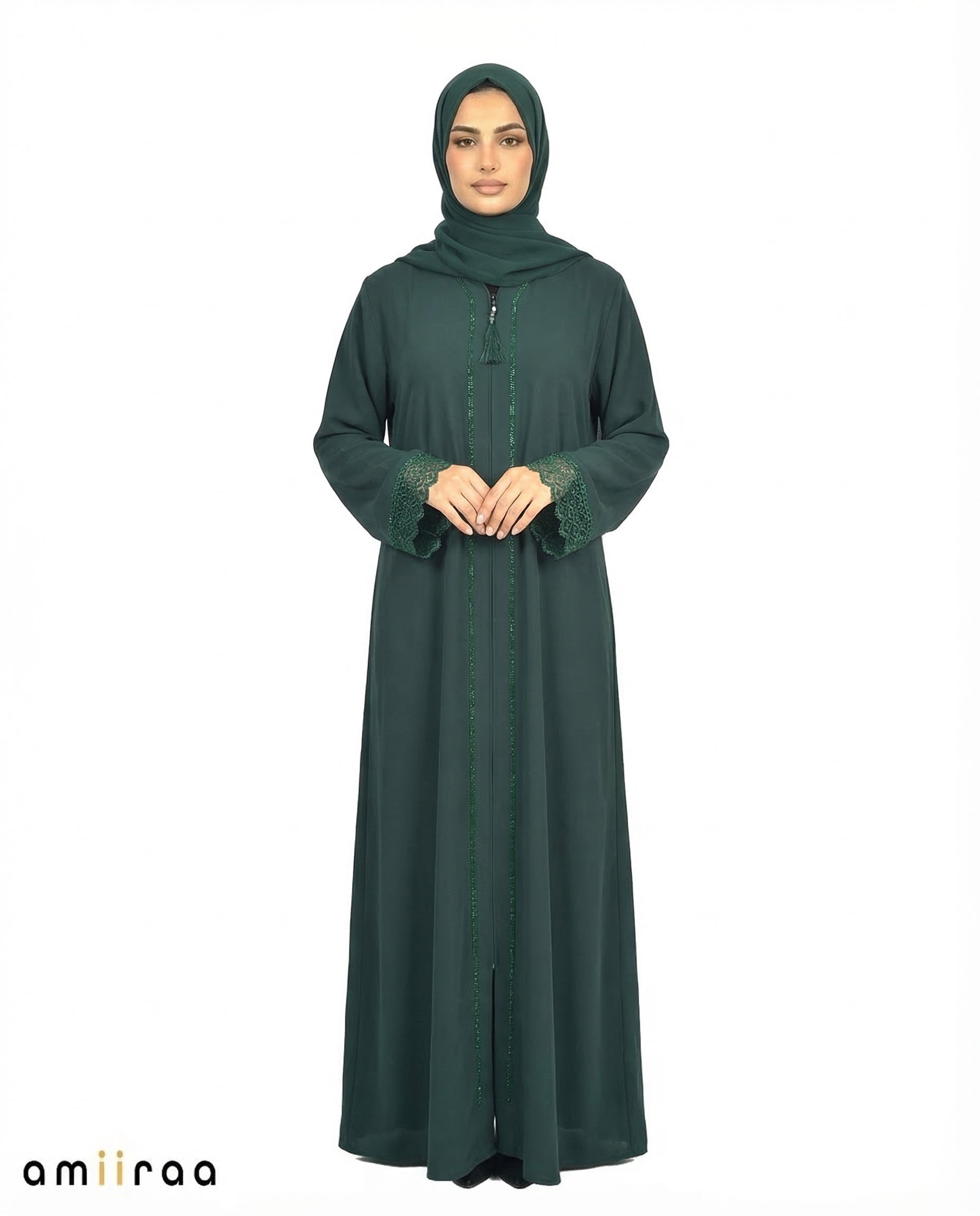 Ponderosa Pine Elegant Lace Cuff Detailed Full-Length Abaya