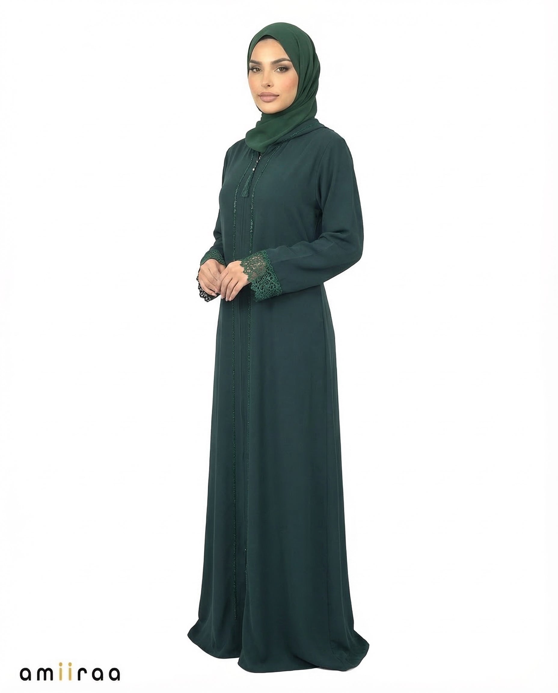 Ponderosa Pine Elegant Lace Cuff Detailed Full-Length Abaya