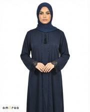 Dark Sapphire Elegant Lace Cuff Detailed Full-Length Abaya