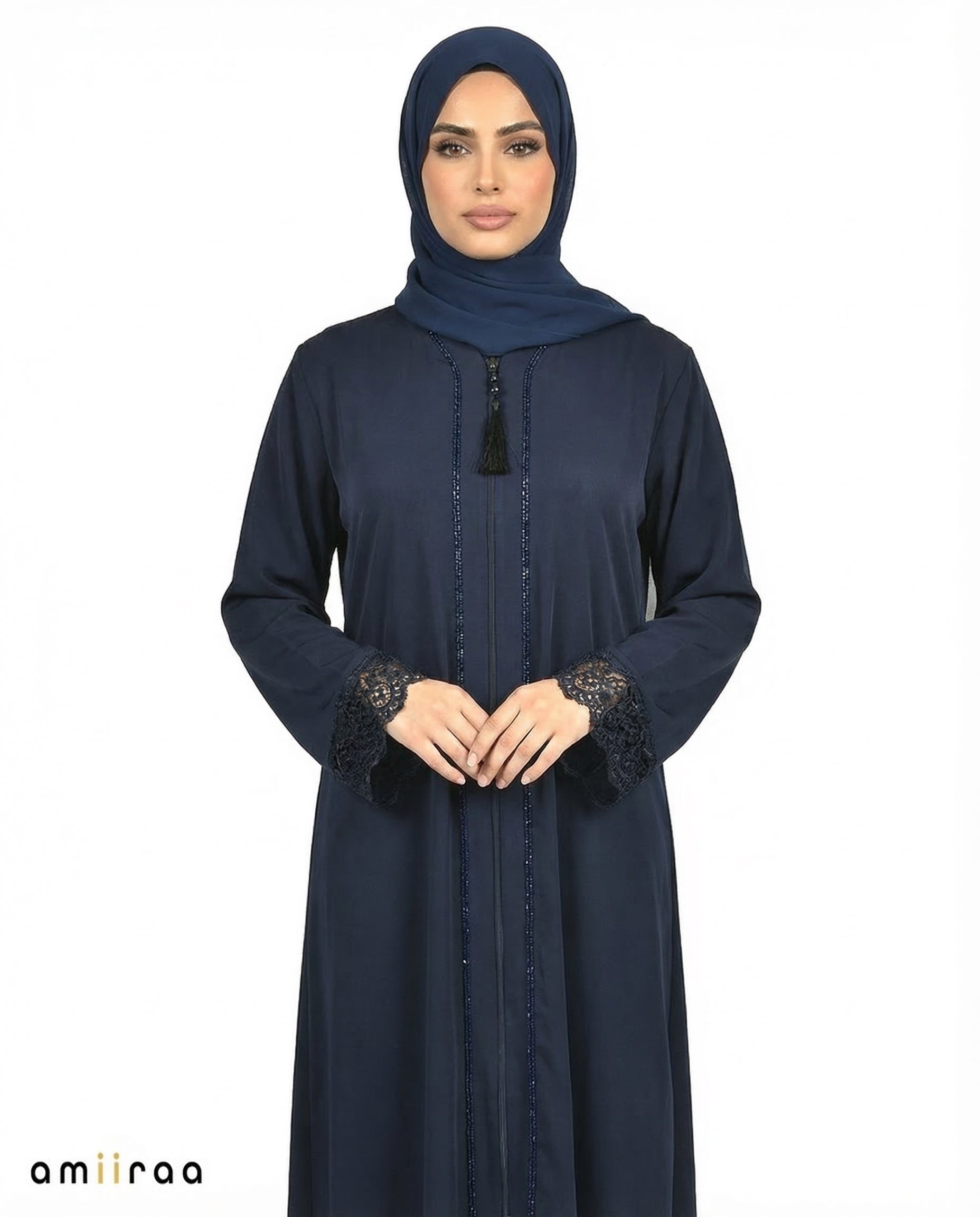 Dark Sapphire Elegant Lace Cuff Detailed Full-Length Abaya