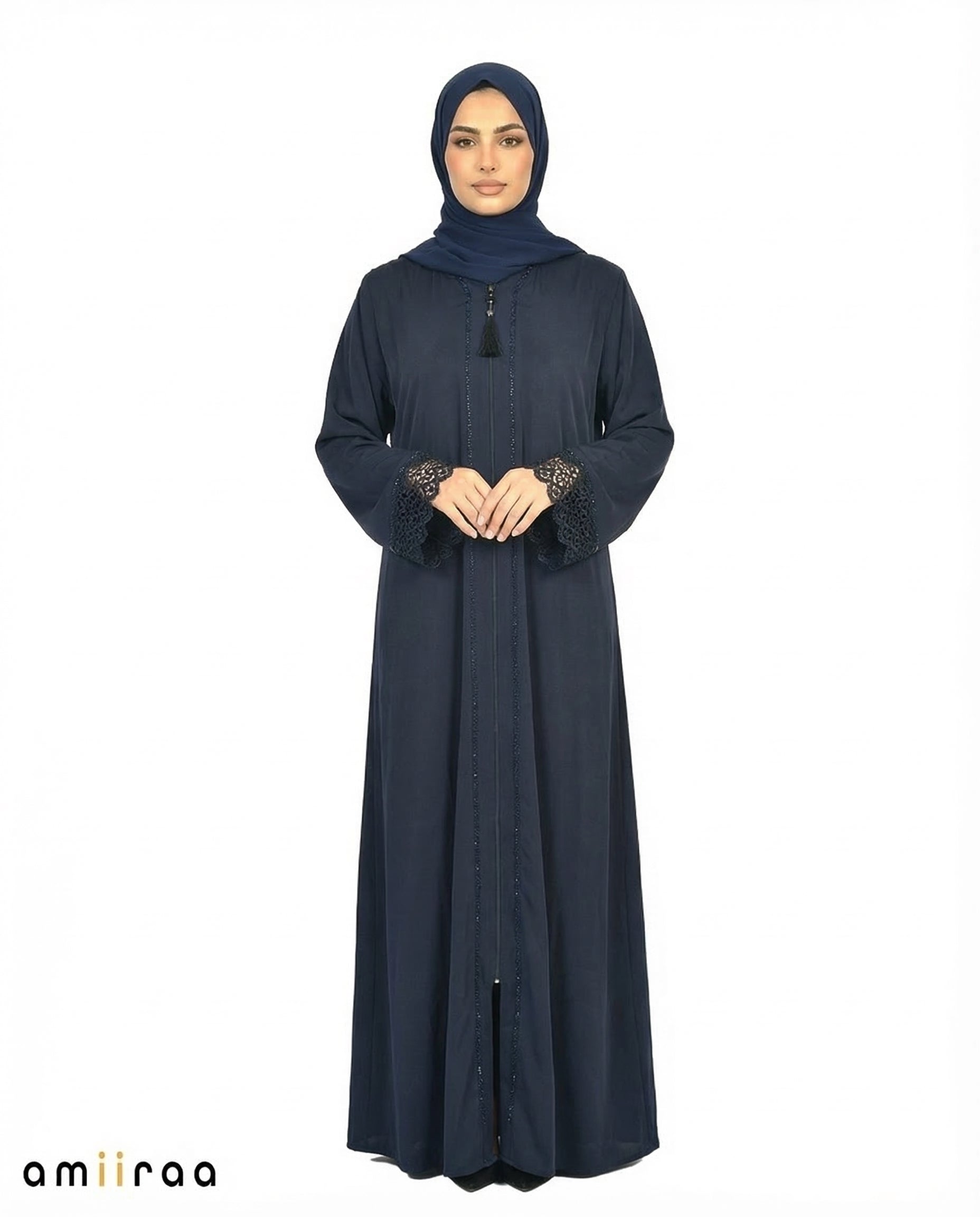 Dark Sapphire Elegant Lace Cuff Detailed Full-Length Abaya
