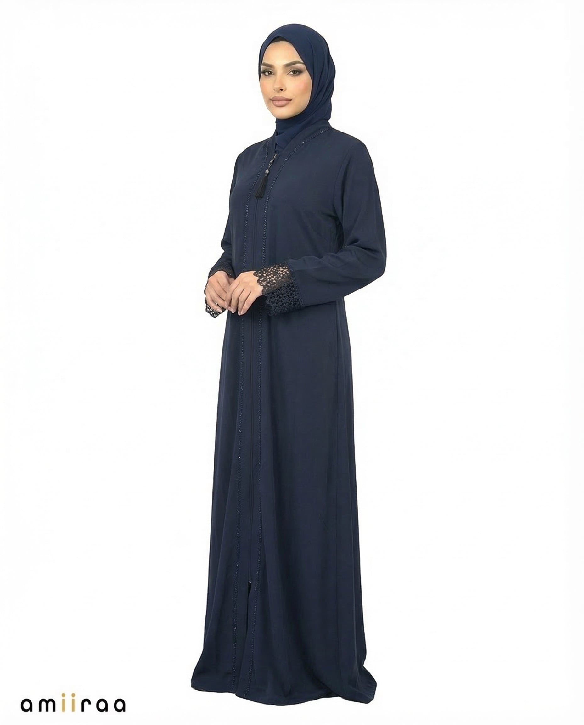 Dark Sapphire Elegant Lace Cuff Detailed Full-Length Abaya