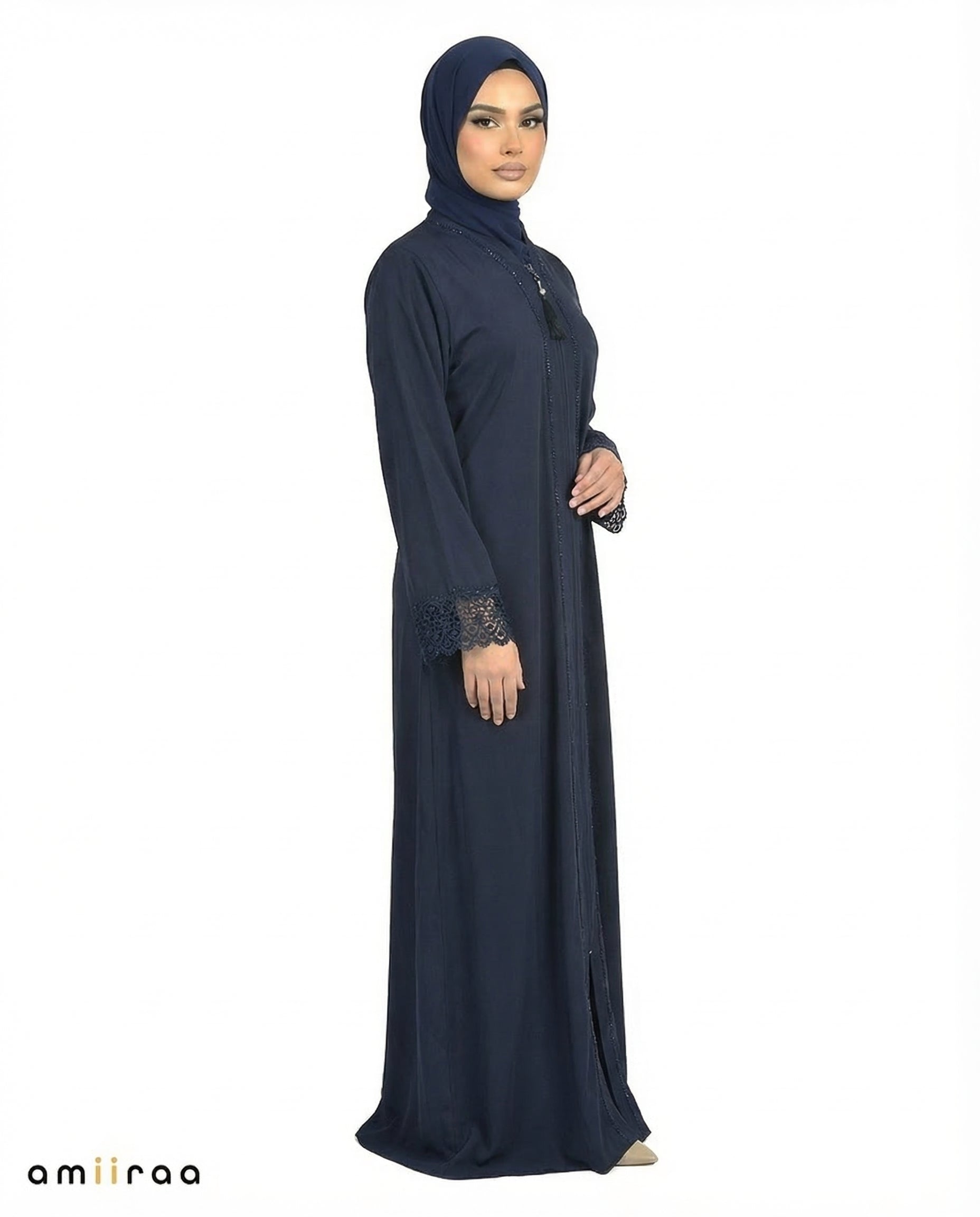 Dark Sapphire Elegant Lace Cuff Detailed Full-Length Abaya