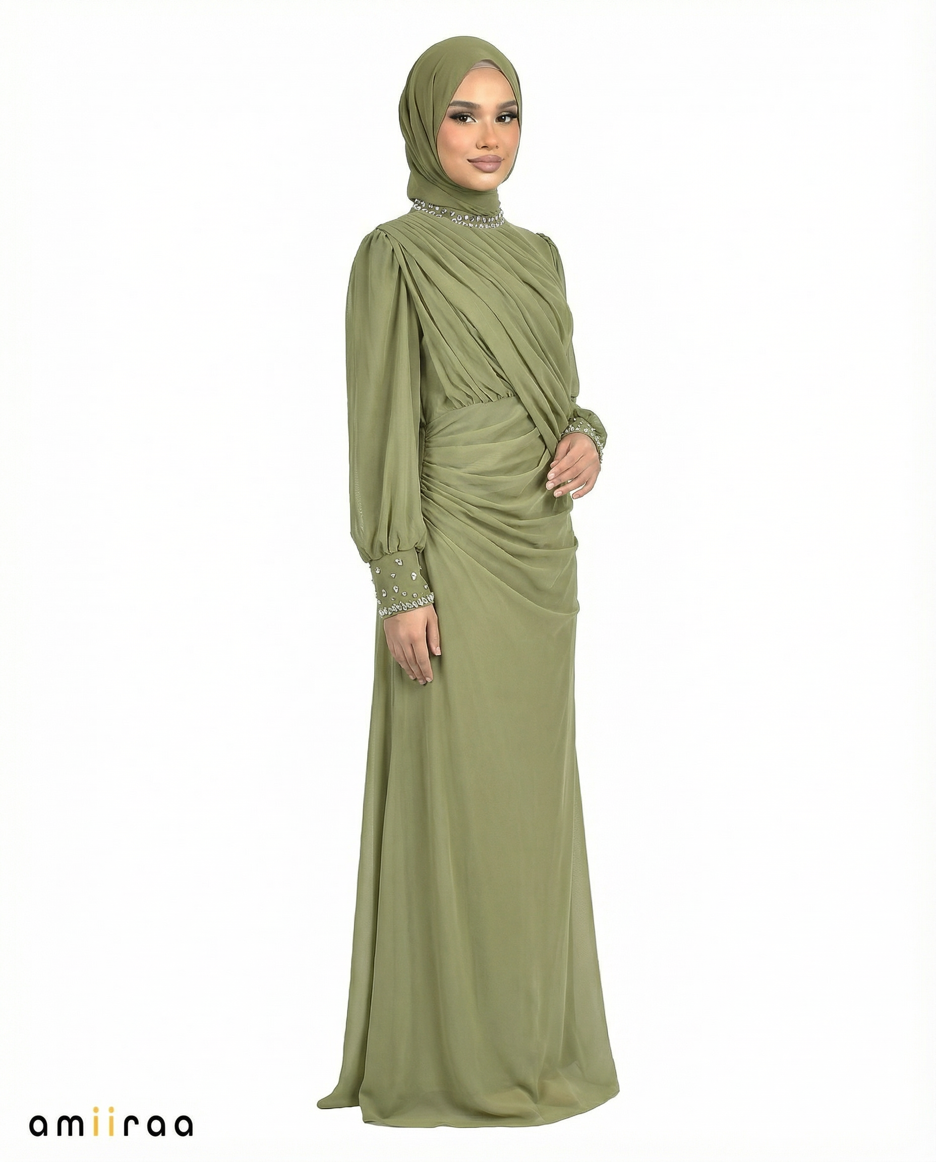 Leaf Green Draped Chiffon Maxi Dress with Beaded Embellished Neckline & Cuffs