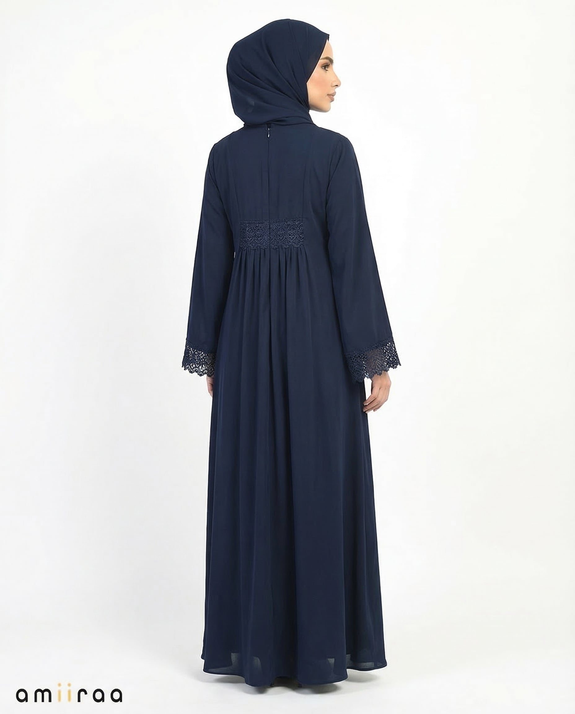 Dark Sapphire Elegant Lace Cuff Detailed Full-Length Abaya