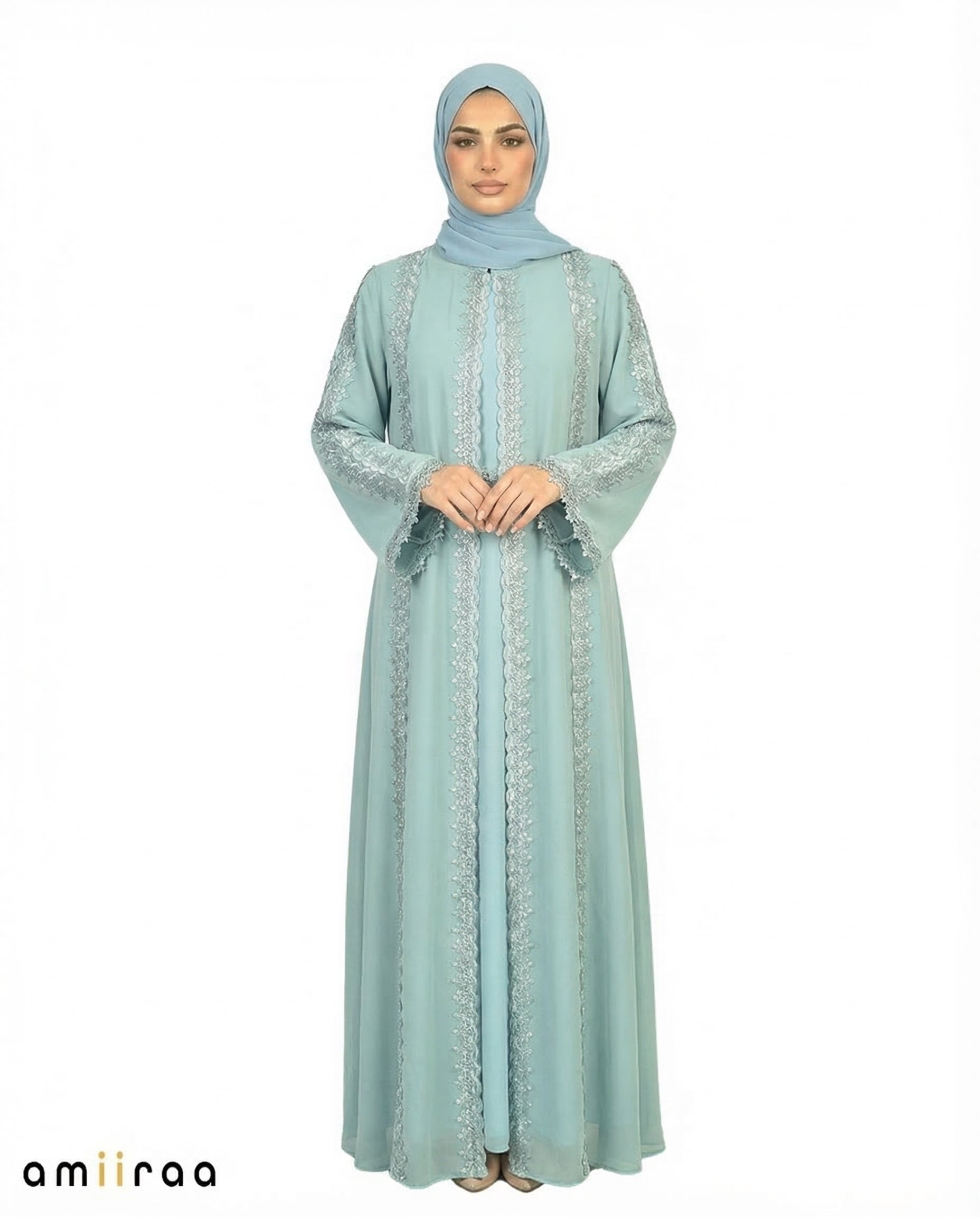 Malachite Green Elegant Lace Panel Detailed Full-Length Abaya