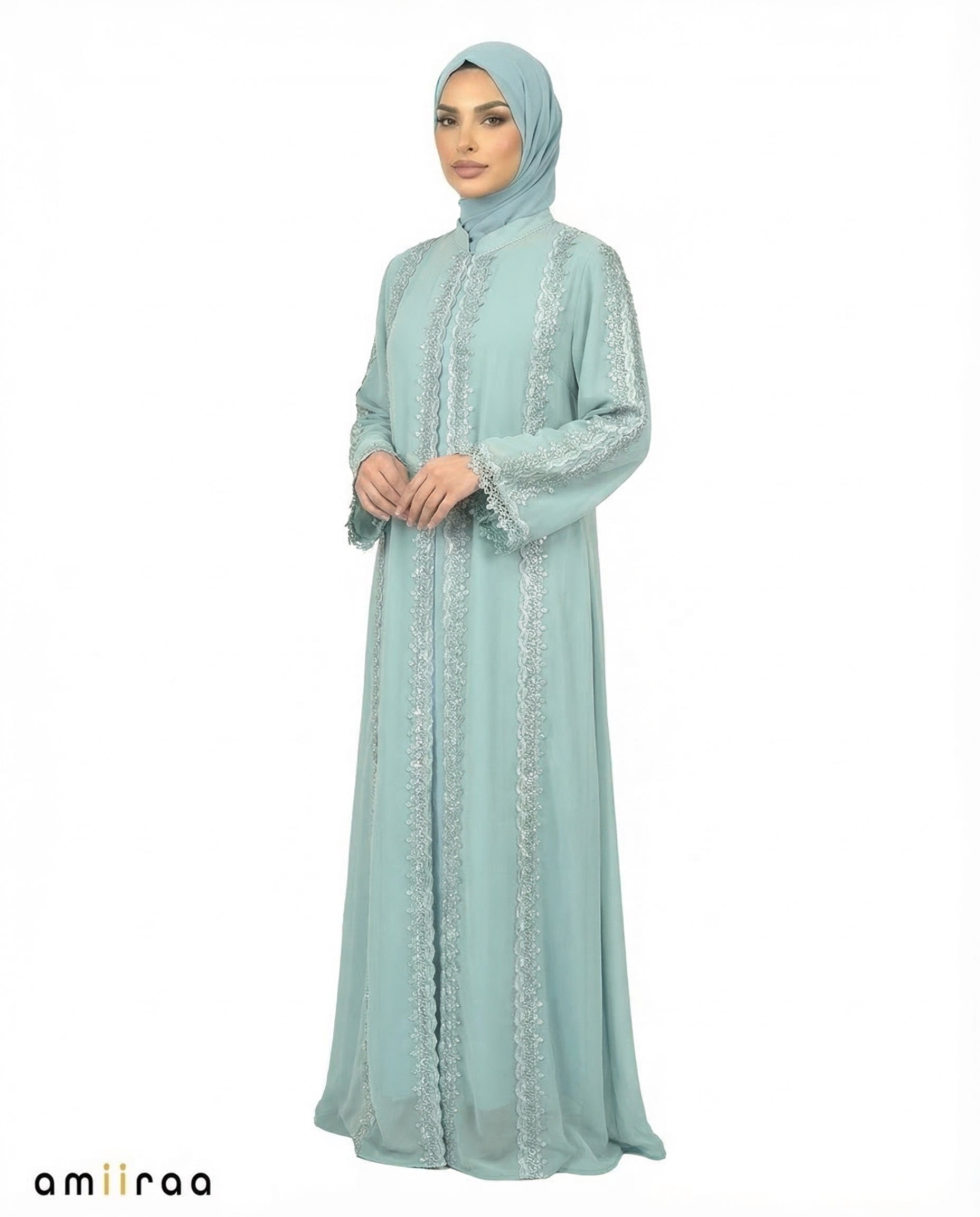 Malachite Green Elegant Lace Panel Detailed Full-Length Abaya